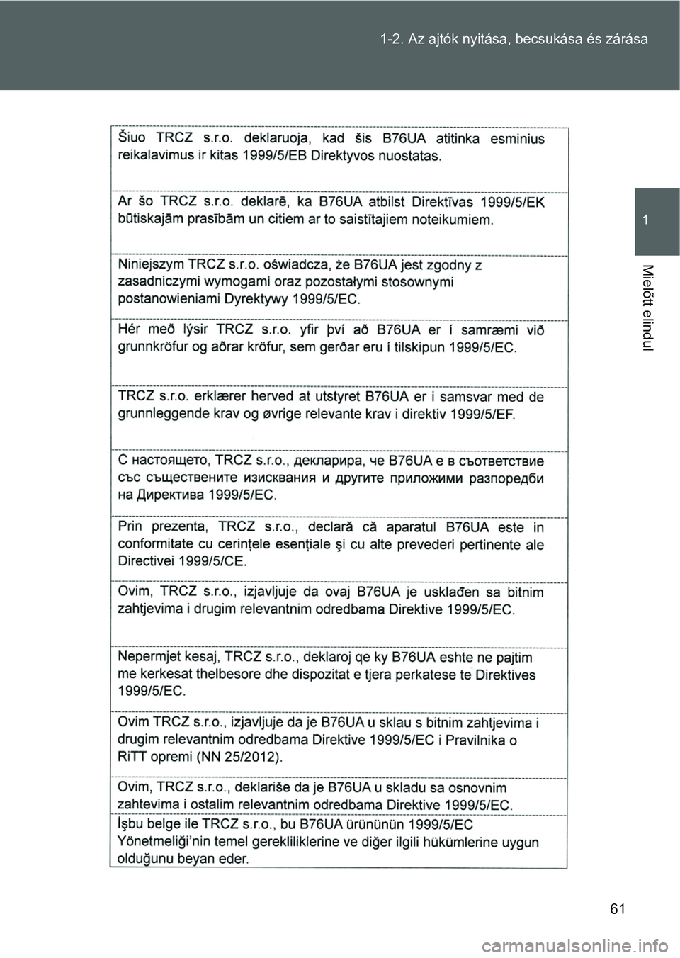 TOYOTA VERSO 2016  Kezelési útmutató (in Hungarian) 61 1-2. Az ajtók nyitása, becsukása és zárása
1
Mielőtt elindul 
