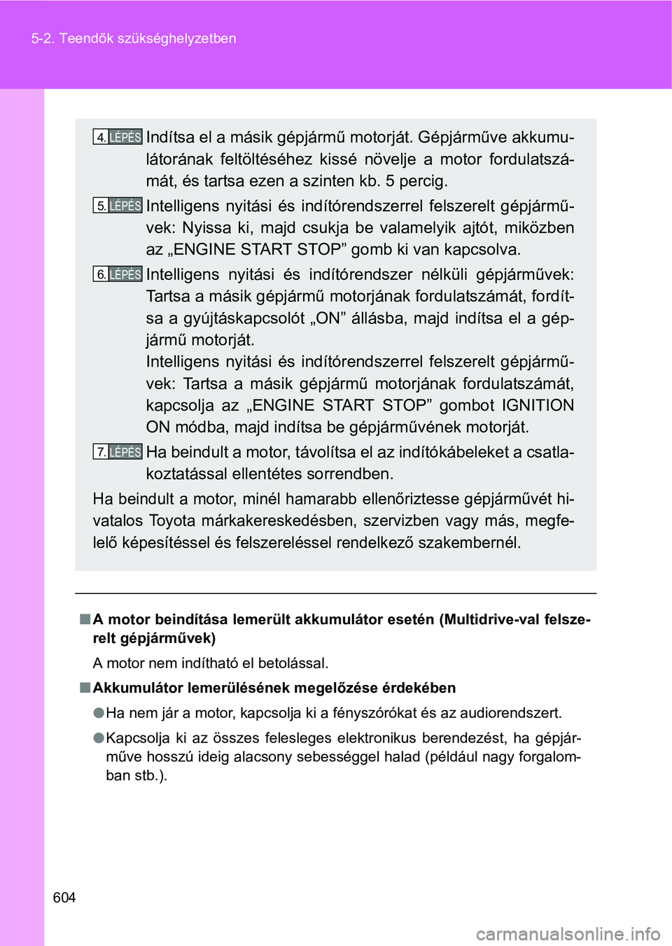 TOYOTA VERSO 2016 Kezelési útmutató (in Hungarian) 604 5-2. Teendők szükséghelyzetben
A motor beindítása lemerült akkumulátor esetén (Multidrive-val felsze-
relt gépjárművek)
A motor nem indítható el betolással.
Akkumulátor lemer TOYOTA VERSO 2016 Kezelési útmutató (in Hungarian) 604 5-2. Teendők szükséghelyzetben
A motor beindítása lemerült akkumulátor esetén (Multidrive-val felsze-
relt gépjárművek)
A motor nem indítható el betolással.
Akkumulátor lemer