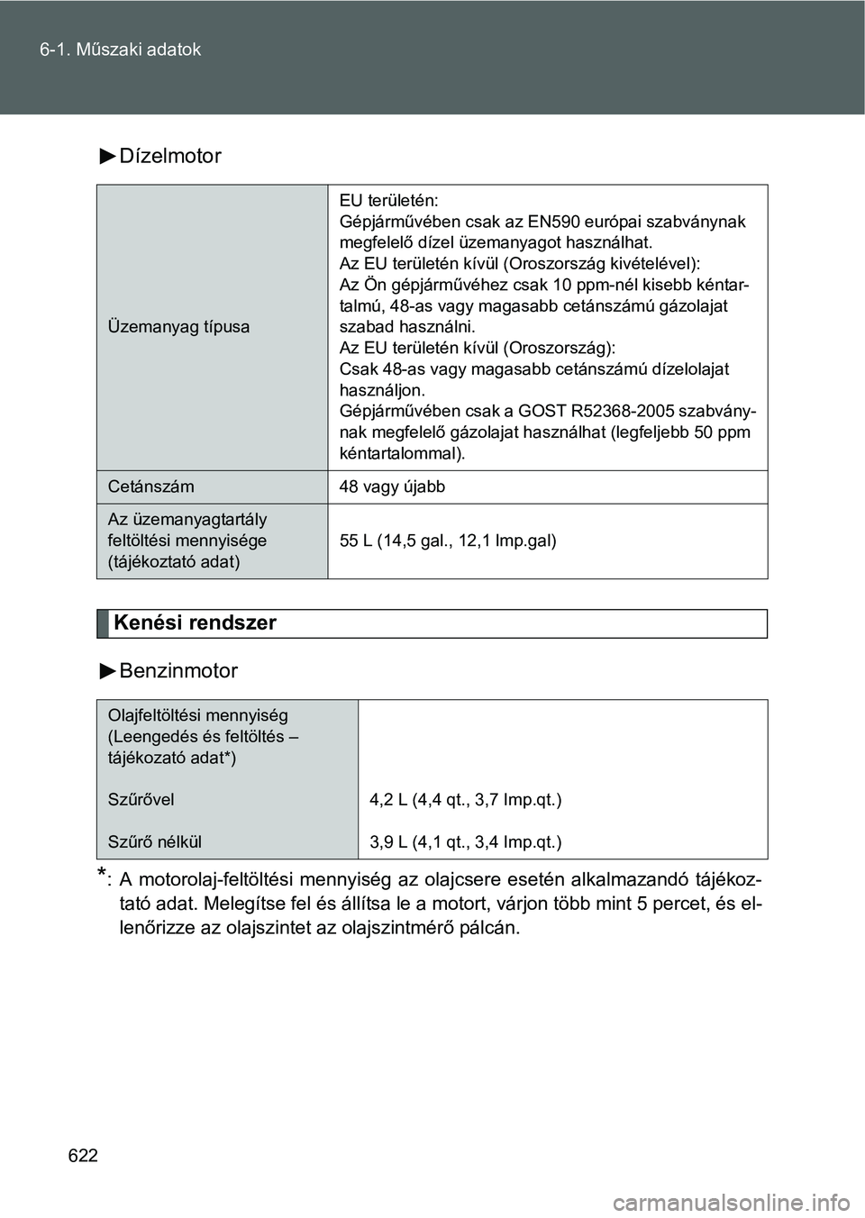 TOYOTA VERSO 2016  Kezelési útmutató (in Hungarian) 622 6-1. Műszaki adatok
Dízelmotor
Kenési rendszer
Benzinmotor
*: A motorolaj-feltöltési mennyiség az olajcsere esetén alkalmazandó tájékoz-
tató adat. Melegítse fel és állítsa le a mot