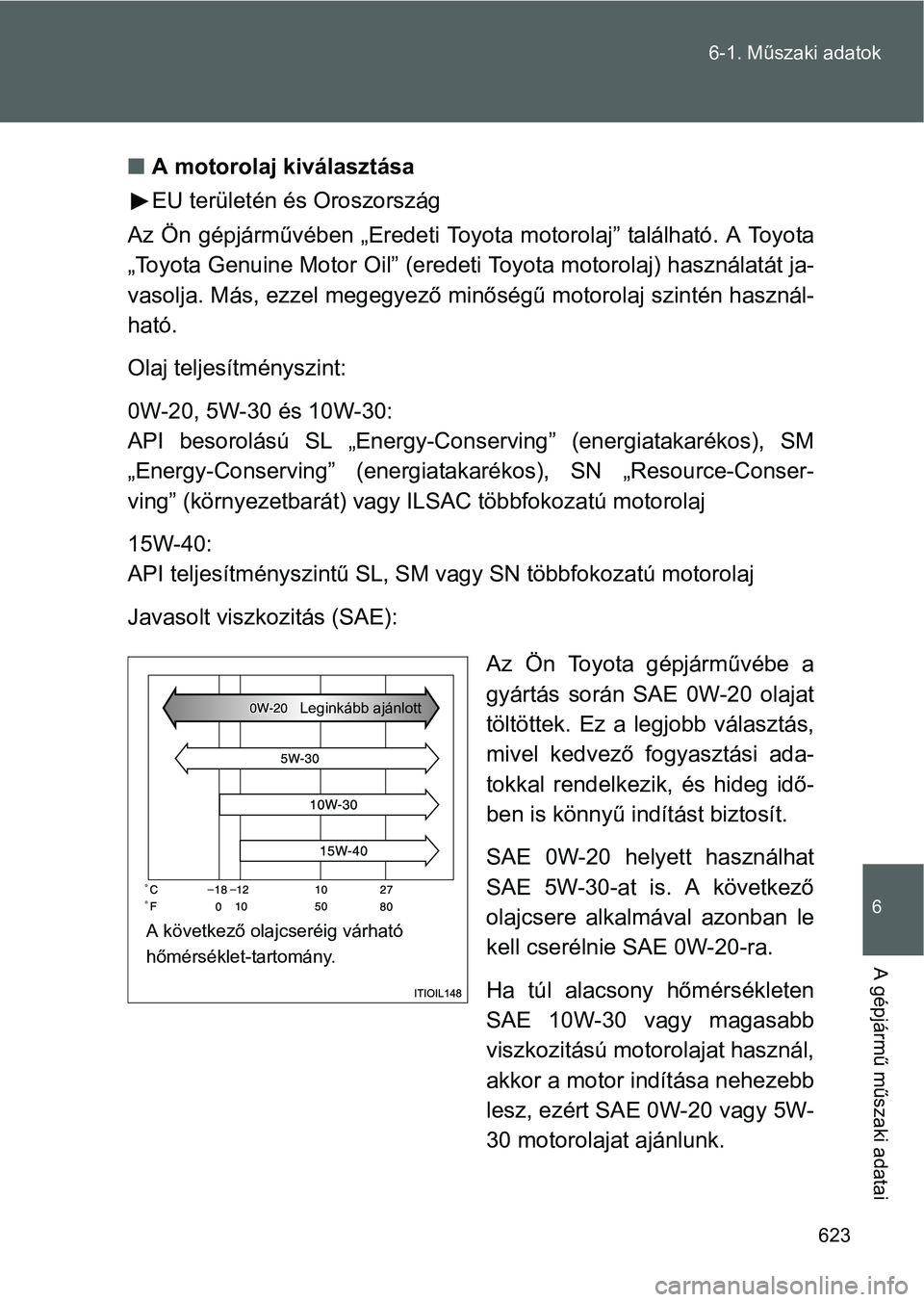TOYOTA VERSO 2016  Kezelési útmutató (in Hungarian) 623 6-1. Műszaki adatok
6
A gépjármű műszaki adatai
A motorolaj kiválasztása
EU területén és Oroszország
Az Ön gépjárművében „Eredeti Toyota motorolaj” található. A Toyota
„