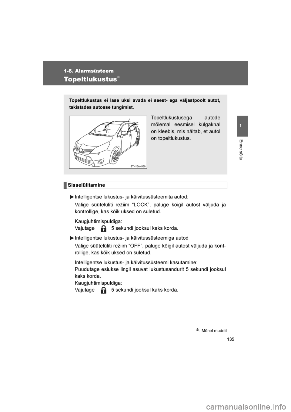 TOYOTA VERSO 2016  Kasutusjuhend (in Estonian) 
135
1
1-6. Alarmsüsteem
Enne sõitu
VERSO_EE_OM64590E
Topeltlukustus∗
SisselülitamineIntelligentse lukustus- ja käivitussüsteemita autod:
Valige süütelüliti režiim “LOCK”, paluge kõigi