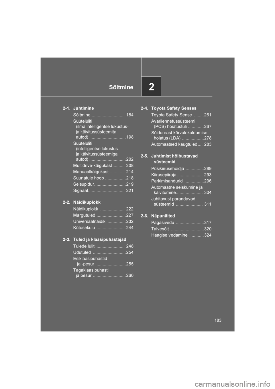 TOYOTA VERSO 2016  Kasutusjuhend (in Estonian) 
2Sõitmine
183
VERSO_EE_OM64590E
2-1. JuhtimineSõitmine............................  184
Süütelüliti (ilma intelligentse lukustus- 
ja käivitussüsteemita 
autod) ............................. 1