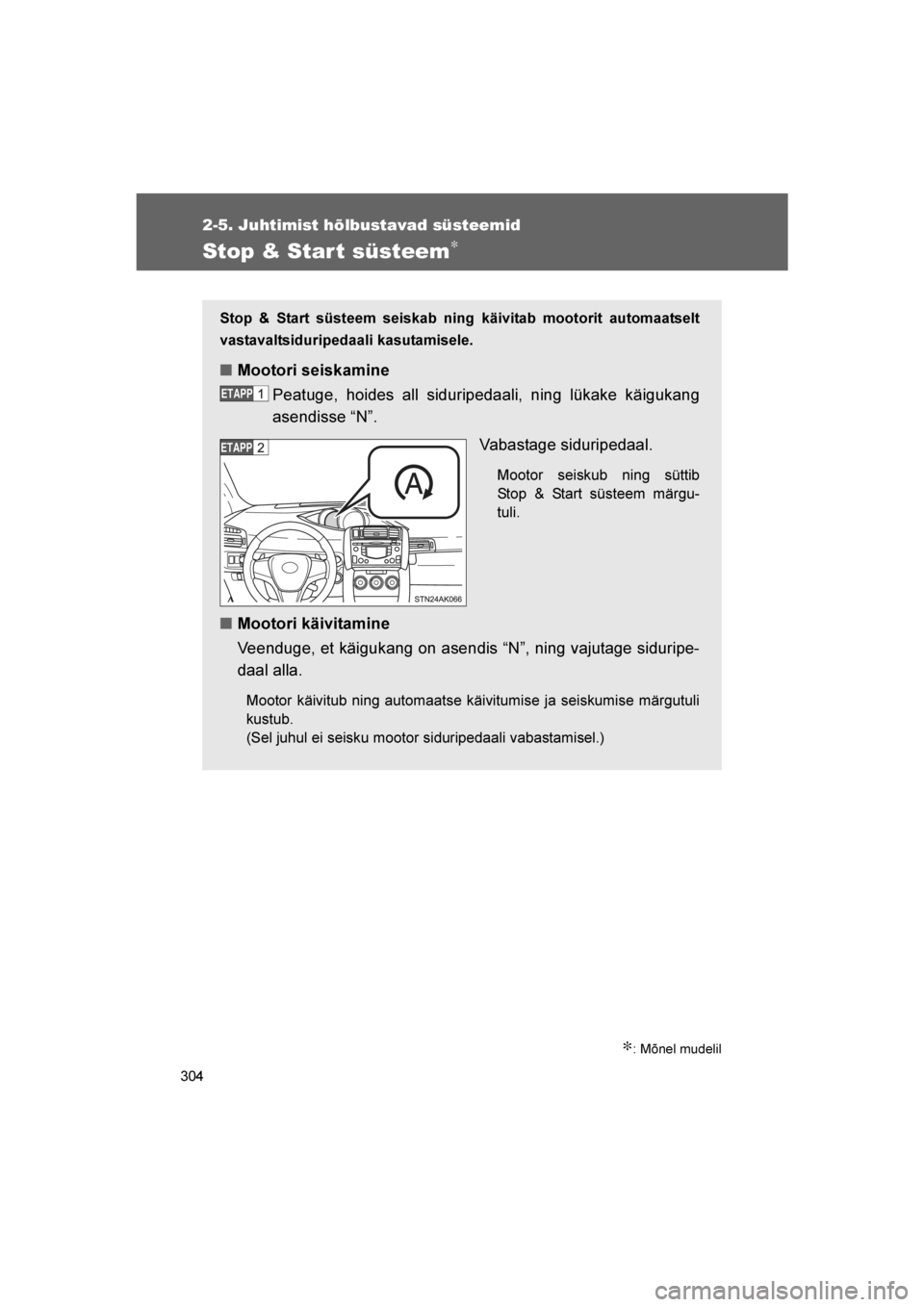 TOYOTA VERSO 2016  Kasutusjuhend (in Estonian) 
304
2-5. Juhtimist hõlbustavad süsteemid
VERSO_EE_OM64590E
Stop & Star t süsteem∗
∗: Mõnel mudelil
Stop & Start süsteem seiskab ning käivitab mootorit automaatselt
vastavaltsiduripedaali ka
