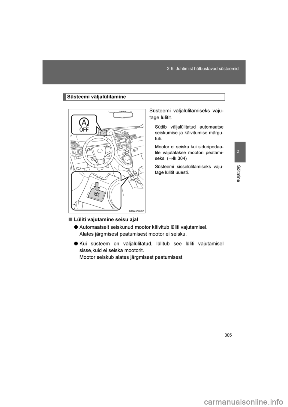 TOYOTA VERSO 2016  Kasutusjuhend (in Estonian) 
305
2-5. Juhtimist hõlbustavad süsteemid
2
Sõitmine
VERSO_EE_OM64590E
Süsteemi väljalülitamine
Süsteemi väljalülitamiseks vaju-
tage lülitit.
Süttib väljalülitatud automaatse
seiskumise 