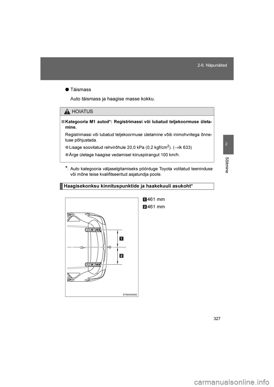TOYOTA VERSO 2016  Kasutusjuhend (in Estonian) 
327
2-6. Näpunäited
2
Sõitmine
VERSO_EE_OM64590E
●
Täismass
Auto täismass ja haagise masse kokku.
*: Auto kategooria väljaselgitamiseks pöörduge Toyota volitatud teeninduse
või mõne teise