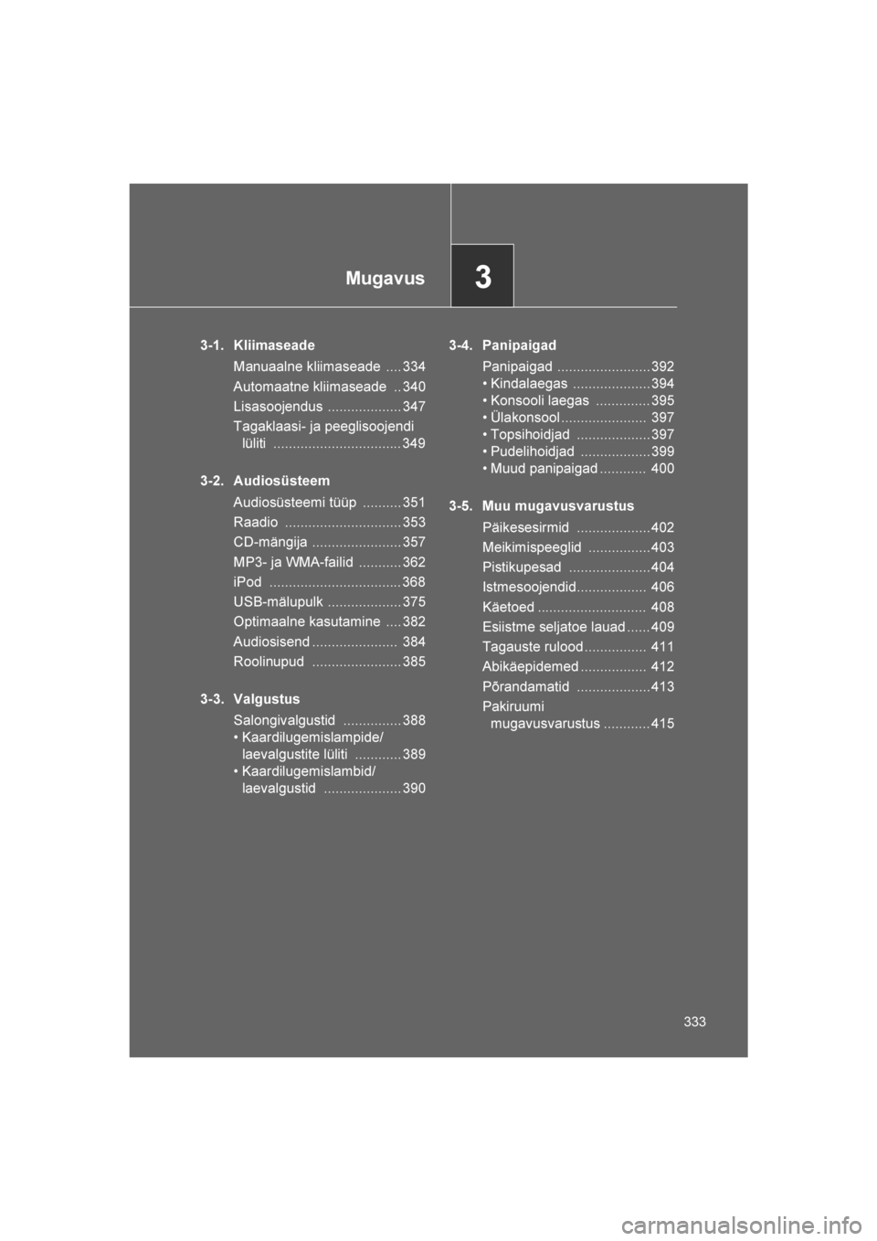 TOYOTA VERSO 2016  Kasutusjuhend (in Estonian) 
3Mugavus
333
VERSO_EE_OM64590E
3-1. KliimaseadeManuaalne kliimaseade  .... 334
Automaatne kliimaseade  .. 340
Lisasoojendus ................... 347
Tagaklaasi- ja peeglisoojendi lüliti .............