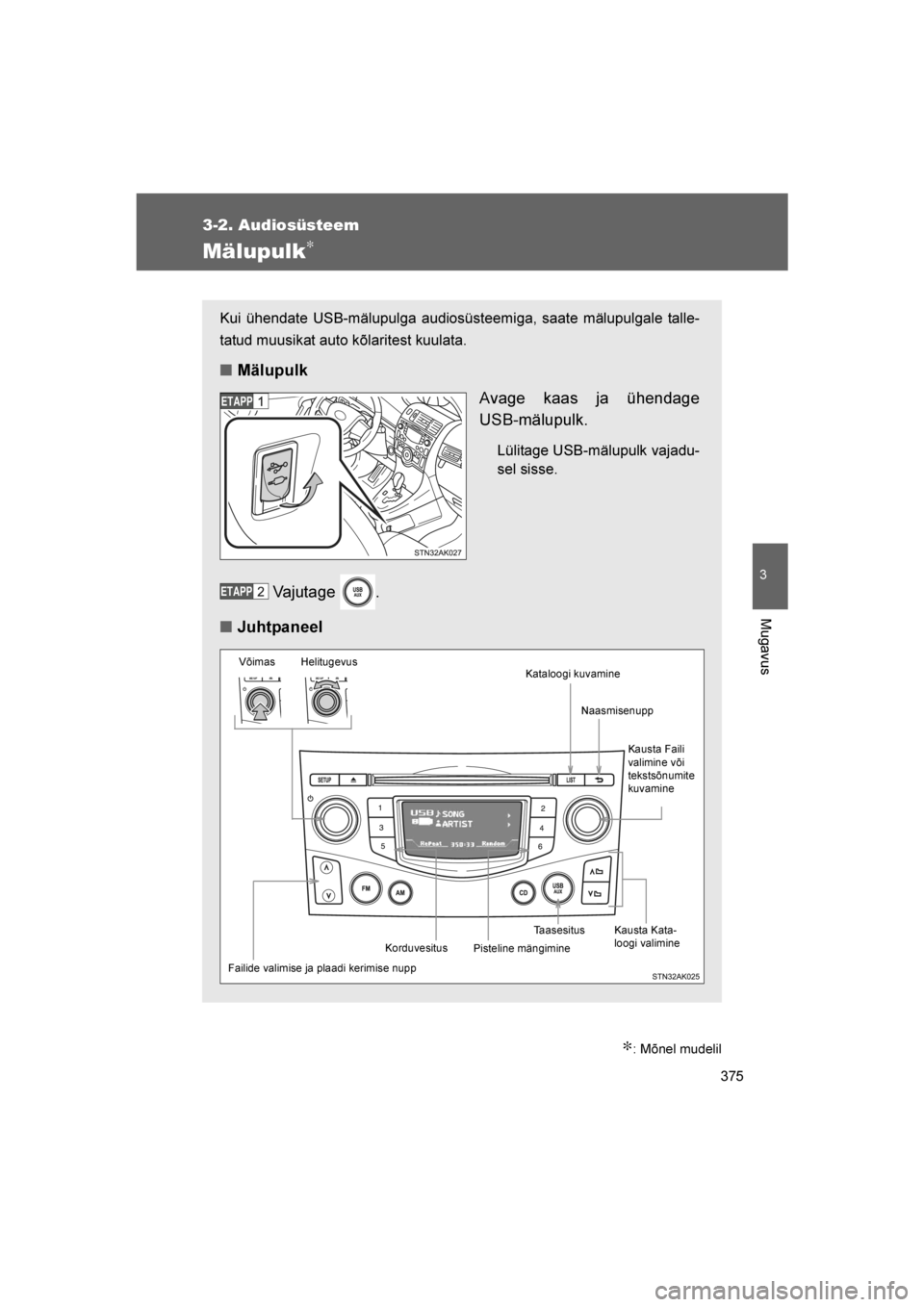 TOYOTA VERSO 2016  Kasutusjuhend (in Estonian) 
375
3-2. Audiosüsteem
3
Mugavus
VERSO_EE_OM64590E
Mälupulk∗
∗: Mõnel mudelil
Kui ühendate USB-mälupulga audiosüsteemiga, saate mälupulgale talle-
tatud muusikat auto kõlaritest kuulata.
