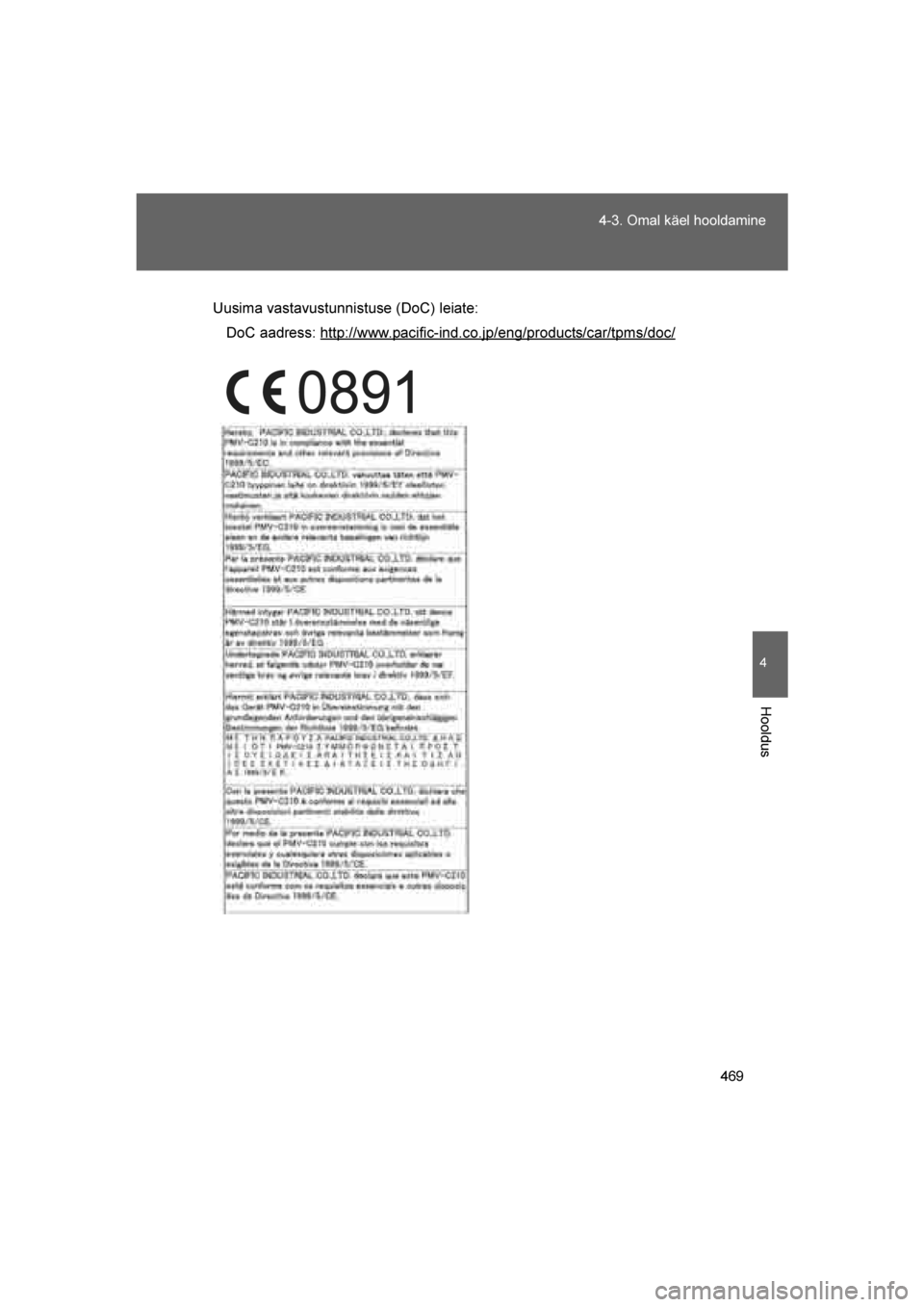 TOYOTA VERSO 2016  Kasutusjuhend (in Estonian) 
469
4-3. Omal käel hooldamine
4
Hooldus
VERSO_EE_OM64590E
Uusima vastavustunnistuse (DoC) leiate:
DoC aadress: http://www.pacific-ind.co.jp/eng/products/car/tpms/doc/
VERSO_OM_Europe_OM64590EE.book 