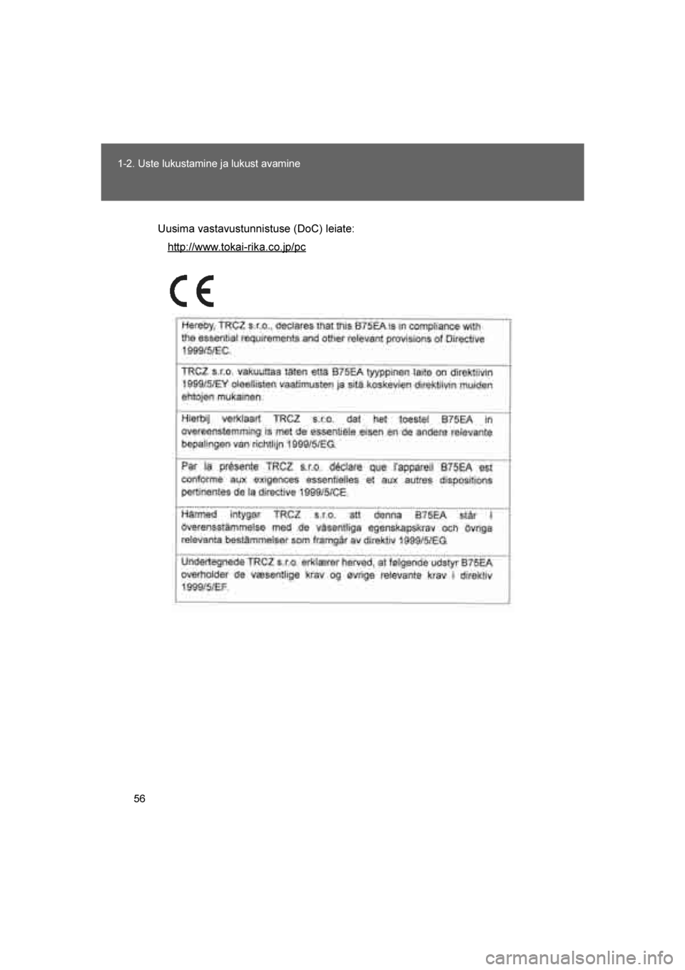 TOYOTA VERSO 2016  Kasutusjuhend (in Estonian) 
56
1-2. Uste lukustamine ja lukust avamine
VERSO_EE_OM64590E
Uusima vastavustunnistuse (DoC) leiate:
http://www.tokai-rika.co.jp/pc
VERSO_OM_Europe_OM64590EE.book  Page  56  Sunday, April 10, 2016  5