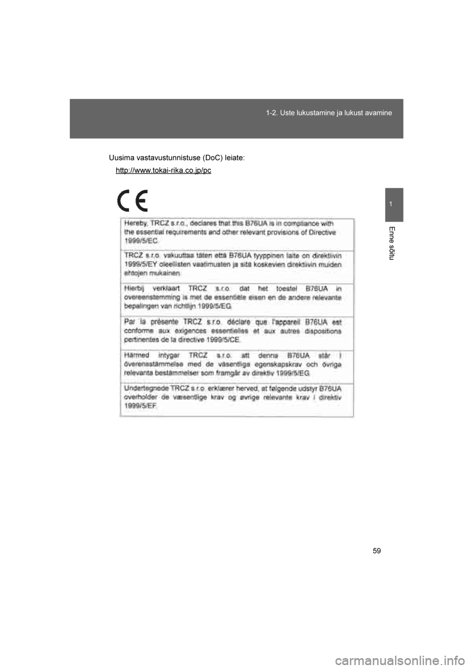 TOYOTA VERSO 2016  Kasutusjuhend (in Estonian) 
59
1-2. Uste lukustamine ja lukust avamine
1
Enne sõitu
VERSO_EE_OM64590E
Uusima vastavustunnistuse (DoC) leiate:
http://www.tokai-rika.co.jp/pc
VERSO_OM_Europe_OM64590EE.book  Page  59  Sunday, Apr