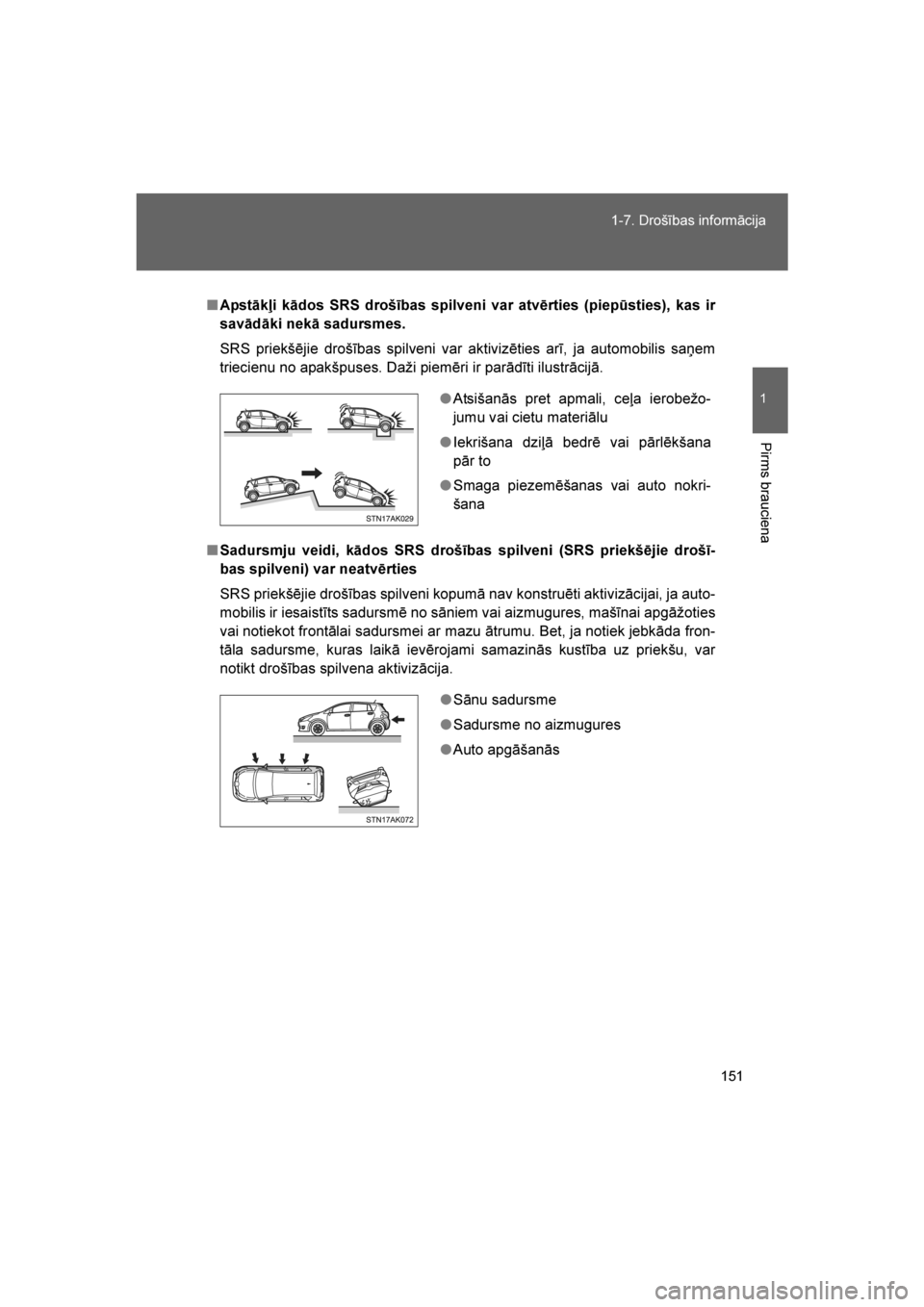 TOYOTA VERSO 2016  Lietošanas Instrukcija (in Latvian) 
151
1-7. Drošības informācija
1
Pirms brauciena
VERSO_LV_OM64590
■
Apstākļi kādos SRS drošības spilveni var atvērties (piepūsties), kas ir
savādāki nekā sadursmes.
SRS priekšējie dro