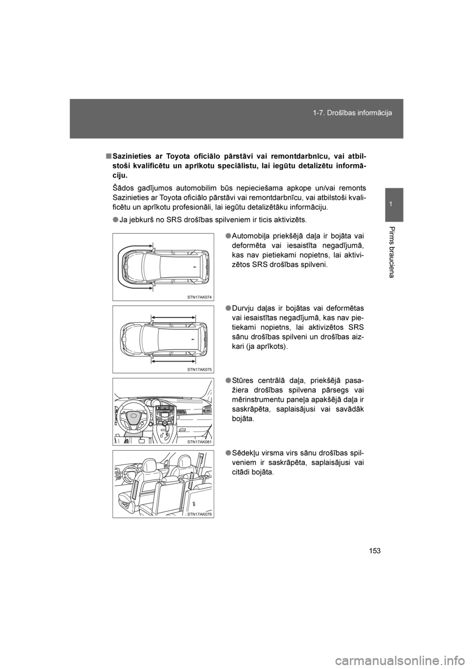 TOYOTA VERSO 2016  Lietošanas Instrukcija (in Latvian) 
153
1-7. Drošības informācija
1
Pirms brauciena
VERSO_LV_OM64590
■
Sazinieties ar Toyota oficiālo pārstāvi vai remontdarbnīcu, vai atbil-
stoši kvalificētu un aprīkotu speciālistu, lai i