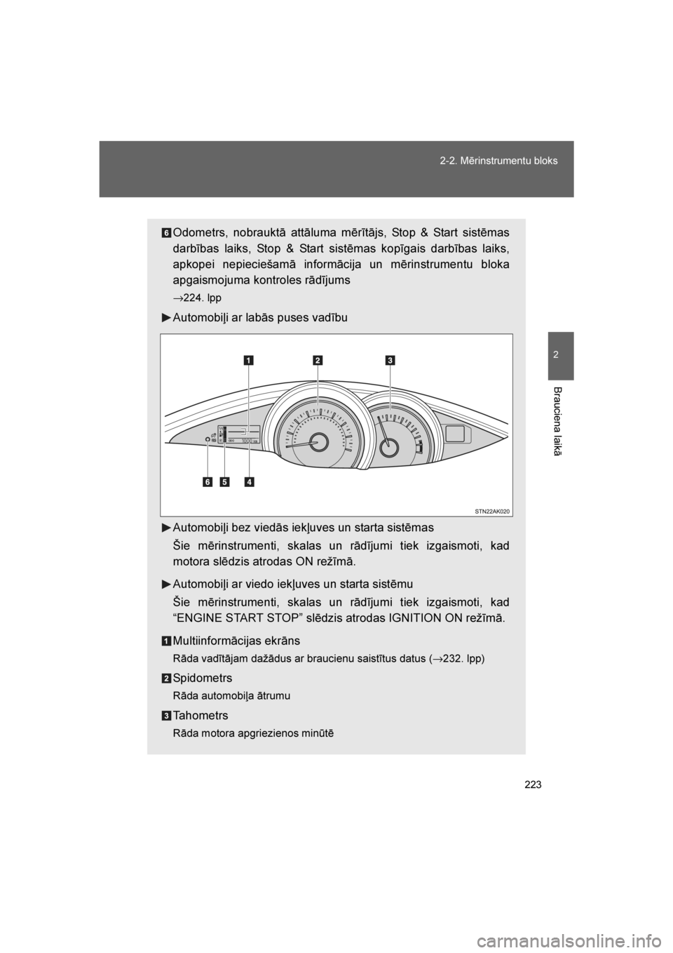 TOYOTA VERSO 2016 Lietošanas Instrukcija (in Latvian)
223
2-2. Mērinstrumentu bloks
2
Brauciena laikā
VERSO_LV_OM64590
Odometrs, nobrauktā attāluma mērītājs, Stop & Start sistēmas
darbības laiks, Stop & Start sistēmas kopīgais darbības laiks TOYOTA VERSO 2016 Lietošanas Instrukcija (in Latvian)
223
2-2. Mērinstrumentu bloks
2
Brauciena laikā
VERSO_LV_OM64590
Odometrs, nobrauktā attāluma mērītājs, Stop & Start sistēmas
darbības laiks, Stop & Start sistēmas kopīgais darbības laiks