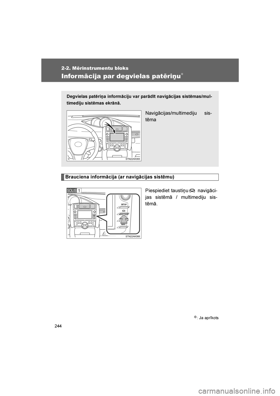 TOYOTA VERSO 2016  Lietošanas Instrukcija (in Latvian) 
244
2-2. Mērinstrumentu bloks
VERSO_LV_OM64590
Informācija par degvielas patēriņu∗
Brauciena informācija (ar navigācijas sistēmu)Piespiediet taustiņu  navigāci-
jas sistēmā / multimediju