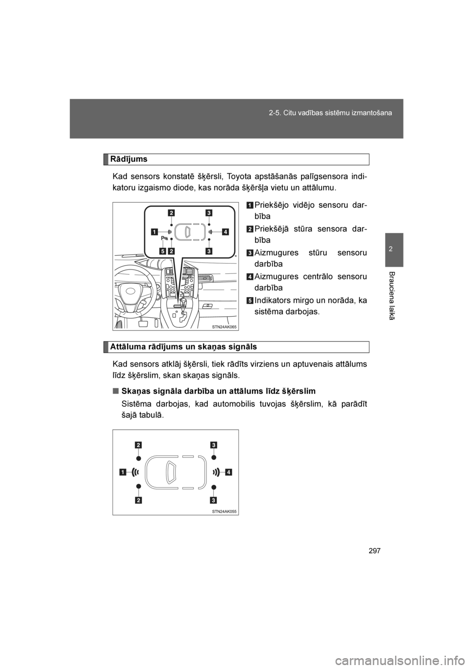 TOYOTA VERSO 2016 Lietošanas Instrukcija (in Latvian)
297
2-5. Citu vadības sistēmu izmantošana
2
Brauciena laikā
VERSO_LV_OM64590
Rādījums
Kad sensors konstatē šķērsli, Toyota apstāšanās palīgsensora indi-
katoru izgaismo diode, kas norā TOYOTA VERSO 2016 Lietošanas Instrukcija (in Latvian)
297
2-5. Citu vadības sistēmu izmantošana
2
Brauciena laikā
VERSO_LV_OM64590
Rādījums
Kad sensors konstatē šķērsli, Toyota apstāšanās palīgsensora indi-
katoru izgaismo diode, kas norā