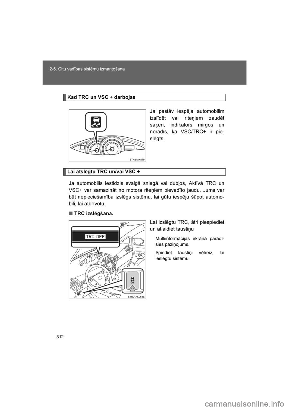 TOYOTA VERSO 2016 Lietošanas Instrukcija (in Latvian)
312
2-5. Citu vadības sistēmu izmantošana
VERSO_LV_OM64590
Kad TRC un VSC + darbojas
Ja pastāv iespēja automobilim
izslīdēt vai riteņiem zaudēt
saķeri, indikators mirgos un
norādīs, ka VS TOYOTA VERSO 2016 Lietošanas Instrukcija (in Latvian)
312
2-5. Citu vadības sistēmu izmantošana
VERSO_LV_OM64590
Kad TRC un VSC + darbojas
Ja pastāv iespēja automobilim
izslīdēt vai riteņiem zaudēt
saķeri, indikators mirgos un
norādīs, ka VS