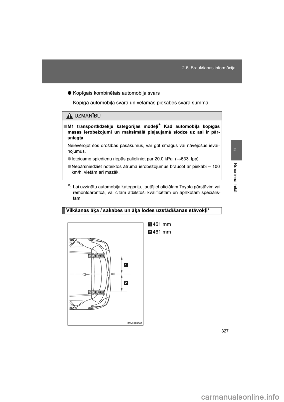 TOYOTA VERSO 2016 Lietošanas Instrukcija (in Latvian)
327
2-6. Braukšanas informācija
2
Brauciena laikā
VERSO_LV_OM64590
●
Kopīgais kombinētais automobiļa svars
Kopīgā automobiļa svara un velamās piekabes svara summa.
*: Lai uzzinātu automo TOYOTA VERSO 2016 Lietošanas Instrukcija (in Latvian)
327
2-6. Braukšanas informācija
2
Brauciena laikā
VERSO_LV_OM64590
●
Kopīgais kombinētais automobiļa svars
Kopīgā automobiļa svara un velamās piekabes svara summa.
*: Lai uzzinātu automo