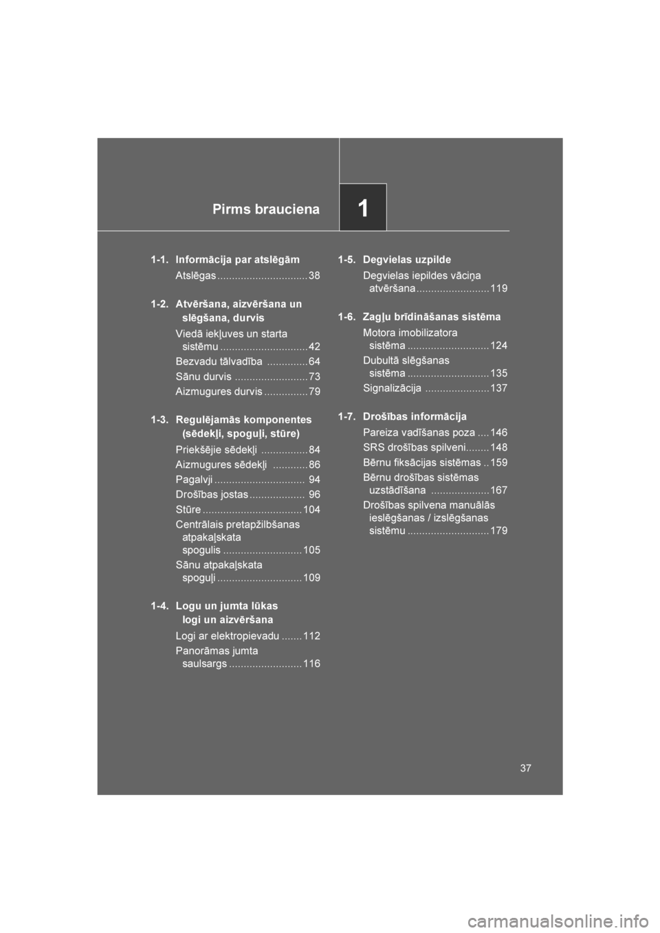 TOYOTA VERSO 2016 Lietošanas Instrukcija (in Latvian)
1Pirms brauciena
37
VERSO_LV_OM64590
1-1. Informācija par atslēgāmAtslēgas ............................... 38
1-2. Atvēršana, aizvēršana un slēgšana, durvis
Viedā iekļuves un starta sis TOYOTA VERSO 2016 Lietošanas Instrukcija (in Latvian)
1Pirms brauciena
37
VERSO_LV_OM64590
1-1. Informācija par atslēgāmAtslēgas ............................... 38
1-2. Atvēršana, aizvēršana un slēgšana, durvis
Viedā iekļuves un starta sis