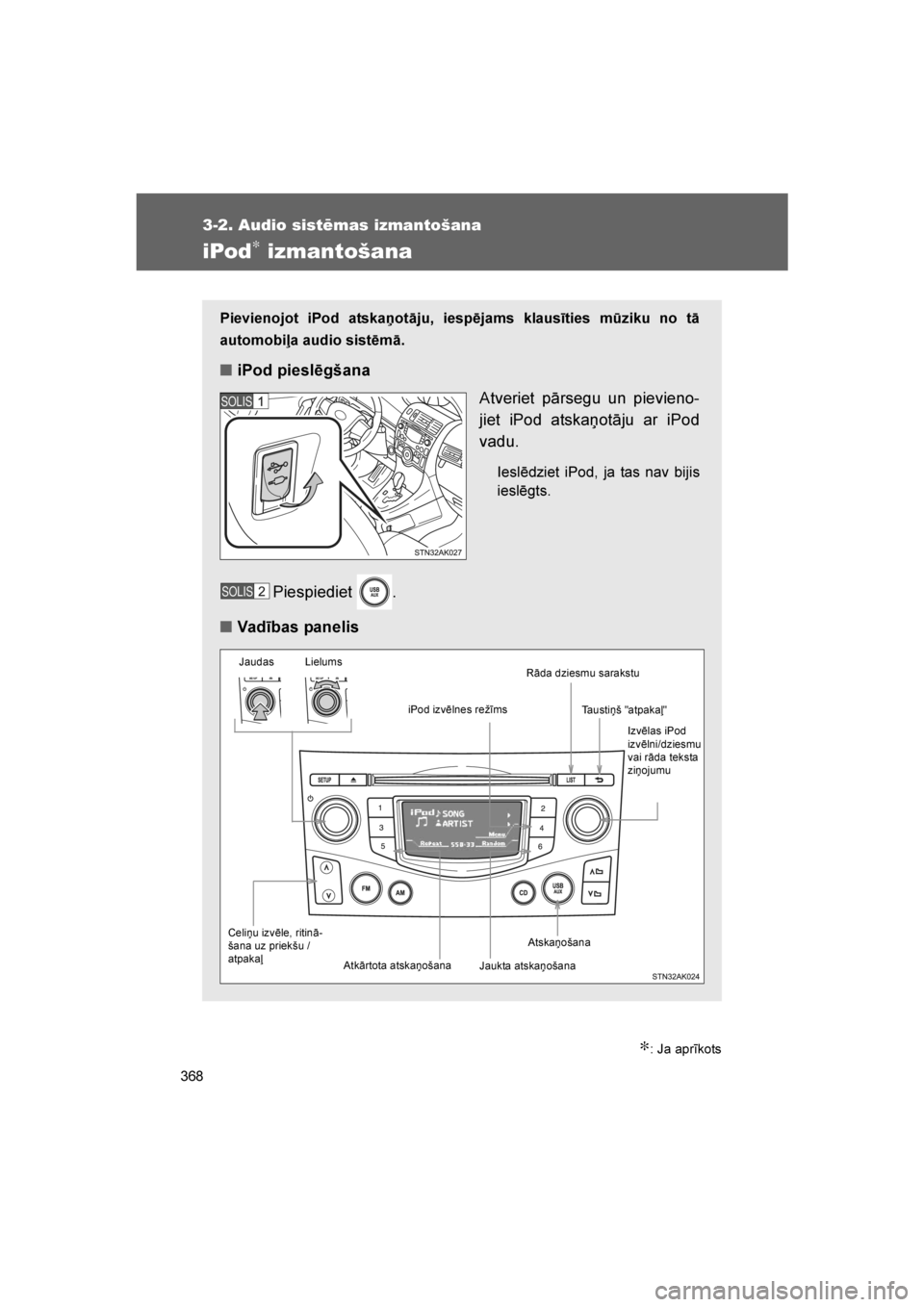 TOYOTA VERSO 2016 Lietošanas Instrukcija (in Latvian)
368
3-2. Audio sistēmas izmantošana
VERSO_LV_OM64590
iPod∗ izmantošana
∗: Ja aprīkots
Pievienojot iPod atska\botāju, iespējams klausīties mūziku no tā
automobiļa audio sistēmā.
■iPo TOYOTA VERSO 2016 Lietošanas Instrukcija (in Latvian)
368
3-2. Audio sistēmas izmantošana
VERSO_LV_OM64590
iPod∗ izmantošana
∗: Ja aprīkots
Pievienojot iPod atska\botāju, iespējams klausīties mūziku no tā
automobiļa audio sistēmā.
■iPo