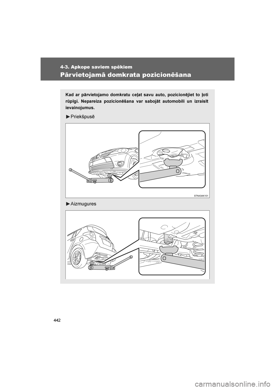 TOYOTA VERSO 2016  Lietošanas Instrukcija (in Latvian) 
442
4-3. Apkope saviem spēkiem
VERSO_LV_OM64590
Pār vietojamā domkrata pozicionēšana
Kad ar pārvietojamo domkratu ceļat savu auto, pozicionējiet to ļoti
rūpīgi. Nepareiza pozicionēšana v