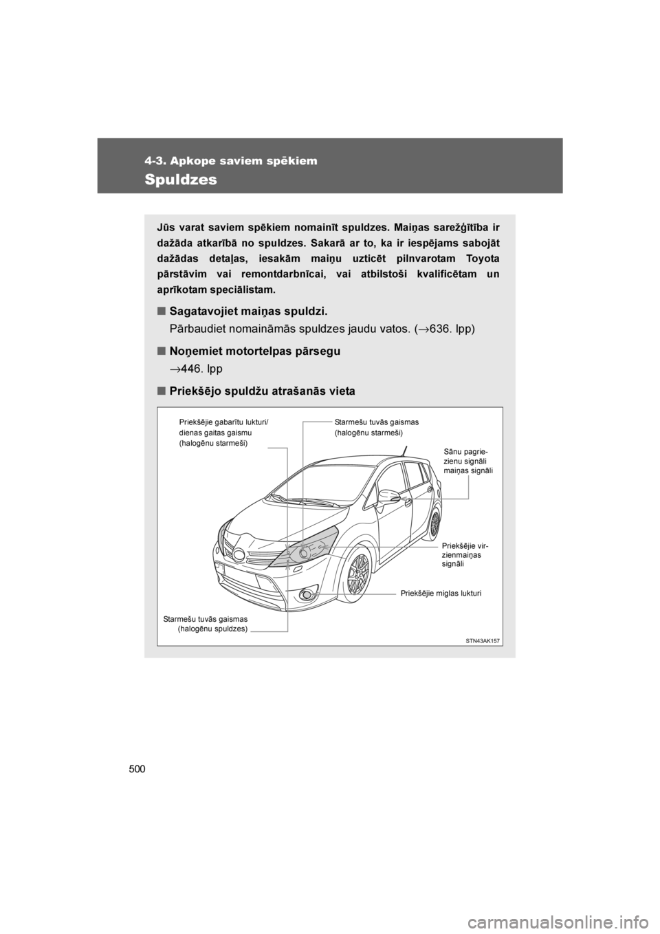 TOYOTA VERSO 2016 Lietošanas Instrukcija (in Latvian)
500
4-3. Apkope saviem spēkiem
VERSO_LV_OM64590
Spuldzes
Jūs varat saviem spēkiem nomainīt spuldzes. Mai\bas sarežģītība ir
dažāda atkarībā no spuldzes. Sakarā ar to, ka ir iespējams sa TOYOTA VERSO 2016 Lietošanas Instrukcija (in Latvian)
500
4-3. Apkope saviem spēkiem
VERSO_LV_OM64590
Spuldzes
Jūs varat saviem spēkiem nomainīt spuldzes. Mai\bas sarežģītība ir
dažāda atkarībā no spuldzes. Sakarā ar to, ka ir iespējams sa