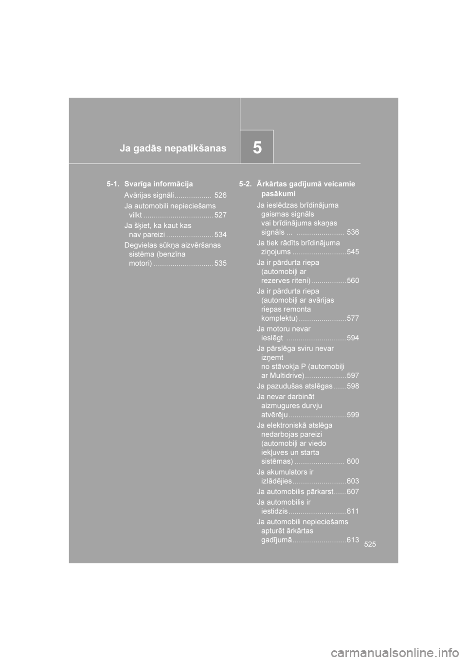TOYOTA VERSO 2016 Lietošanas Instrukcija (in Latvian)
5Ja gadās nepatikšanas
525
VERSO_LV_OM64590
5-1. Svarīga informācijaAvārijas signāli.................. 526
Ja automobili nepieciešams vilkt .................................. 527
Ja šķiet, TOYOTA VERSO 2016 Lietošanas Instrukcija (in Latvian)
5Ja gadās nepatikšanas
525
VERSO_LV_OM64590
5-1. Svarīga informācijaAvārijas signāli.................. 526
Ja automobili nepieciešams vilkt .................................. 527
Ja šķiet,