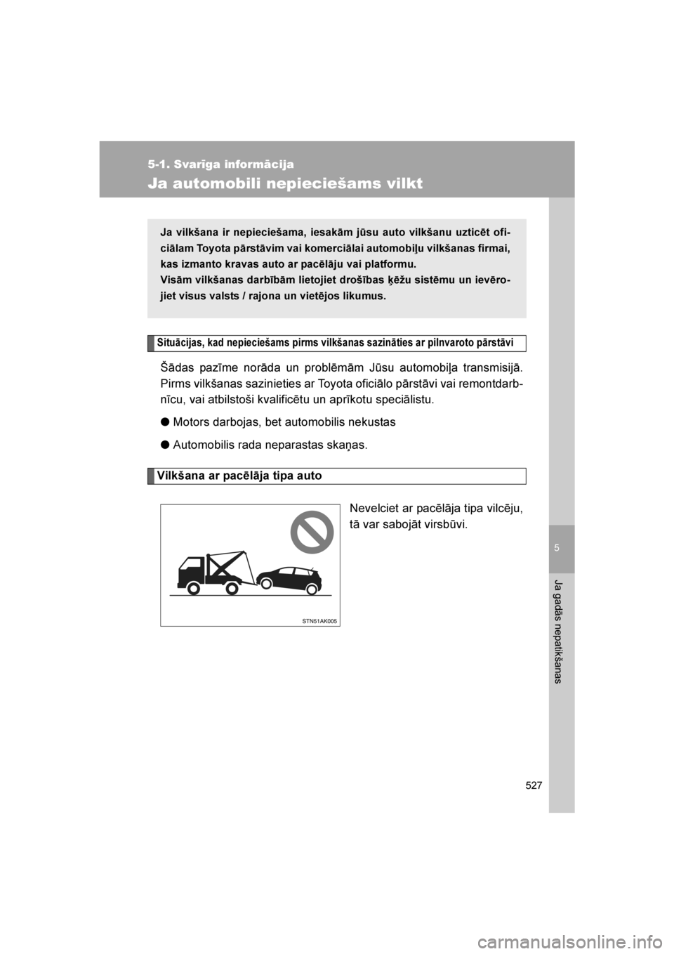 TOYOTA VERSO 2016 Lietošanas Instrukcija (in Latvian)
5
527
5-1. Svarīga informācija
Ja gadās nepatikšanas
VERSO_LV_OM64590
Ja automobili nepieciešams vilkt
Situācijas, kad nepieciešams pirms vilkšanas sazināties ar pilnvaroto pārstāvi
Šāda TOYOTA VERSO 2016 Lietošanas Instrukcija (in Latvian)
5
527
5-1. Svarīga informācija
Ja gadās nepatikšanas
VERSO_LV_OM64590
Ja automobili nepieciešams vilkt
Situācijas, kad nepieciešams pirms vilkšanas sazināties ar pilnvaroto pārstāvi
Šāda