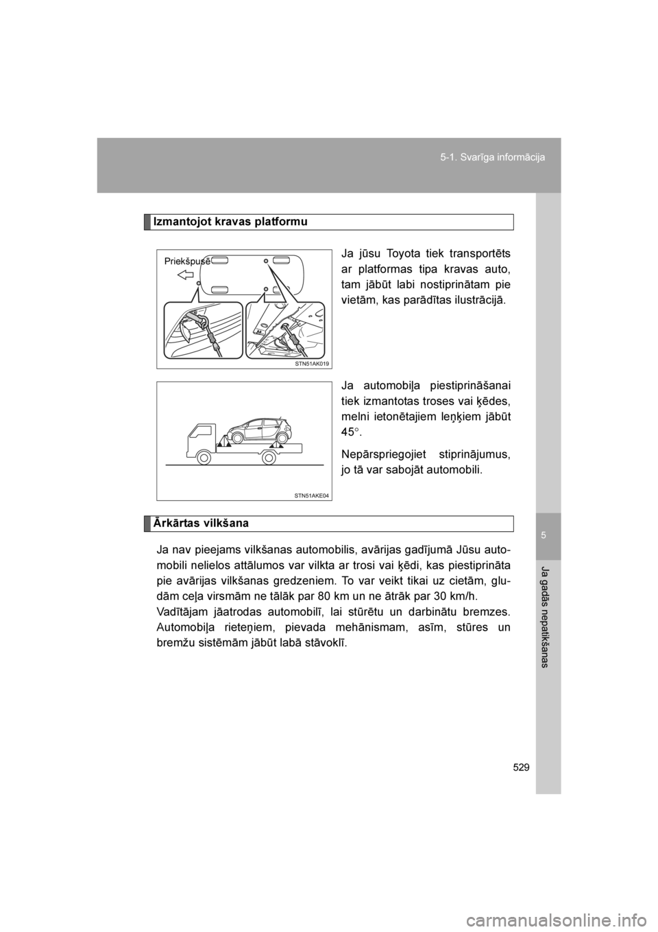 TOYOTA VERSO 2016 Lietošanas Instrukcija (in Latvian)
5
529
5-1. Svarīga informācija
Ja gadās nepatikšanas
VERSO_LV_OM64590
Izmantojot kravas platformu
Ja j\bsu Toyota tiek transportēts
ar platformas tipa kravas auto,
tam jāb\bt labi nostiprināta TOYOTA VERSO 2016 Lietošanas Instrukcija (in Latvian)
5
529
5-1. Svarīga informācija
Ja gadās nepatikšanas
VERSO_LV_OM64590
Izmantojot kravas platformu
Ja j\bsu Toyota tiek transportēts
ar platformas tipa kravas auto,
tam jāb\bt labi nostiprināta