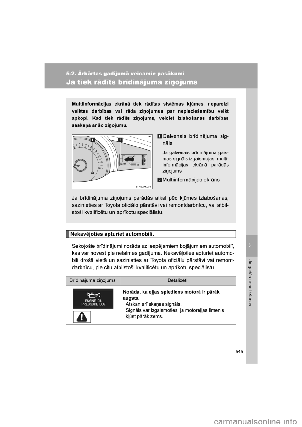 TOYOTA VERSO 2016 Lietošanas Instrukcija (in Latvian)
5
545
5-2. Ārkārtas gadījumā veicamie pasākumi
Ja gadās nepatikšanas
VERSO_LV_OM64590
Ja tiek rādīts brīdinājuma ziņojums
Nekavējoties apturiet automobili.Sekojošie brīdinājumi norād TOYOTA VERSO 2016 Lietošanas Instrukcija (in Latvian)
5
545
5-2. Ārkārtas gadījumā veicamie pasākumi
Ja gadās nepatikšanas
VERSO_LV_OM64590
Ja tiek rādīts brīdinājuma ziņojums
Nekavējoties apturiet automobili.Sekojošie brīdinājumi norād