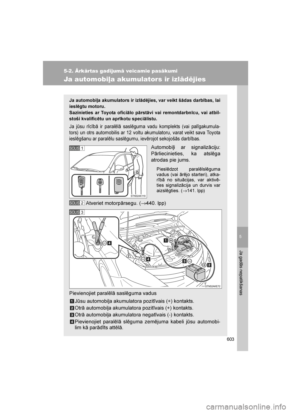 TOYOTA VERSO 2016 Lietošanas Instrukcija (in Latvian)
5
603
5-2. Ārkārtas gadījumā veicamie pasākumi
Ja gadās nepatikšanas
VERSO_LV_OM64590
Ja automobiļa akumulators ir izlādējies
Ja automobiļa akumulators ir izlādējies, var veikt šādas d TOYOTA VERSO 2016 Lietošanas Instrukcija (in Latvian)
5
603
5-2. Ārkārtas gadījumā veicamie pasākumi
Ja gadās nepatikšanas
VERSO_LV_OM64590
Ja automobiļa akumulators ir izlādējies
Ja automobiļa akumulators ir izlādējies, var veikt šādas d