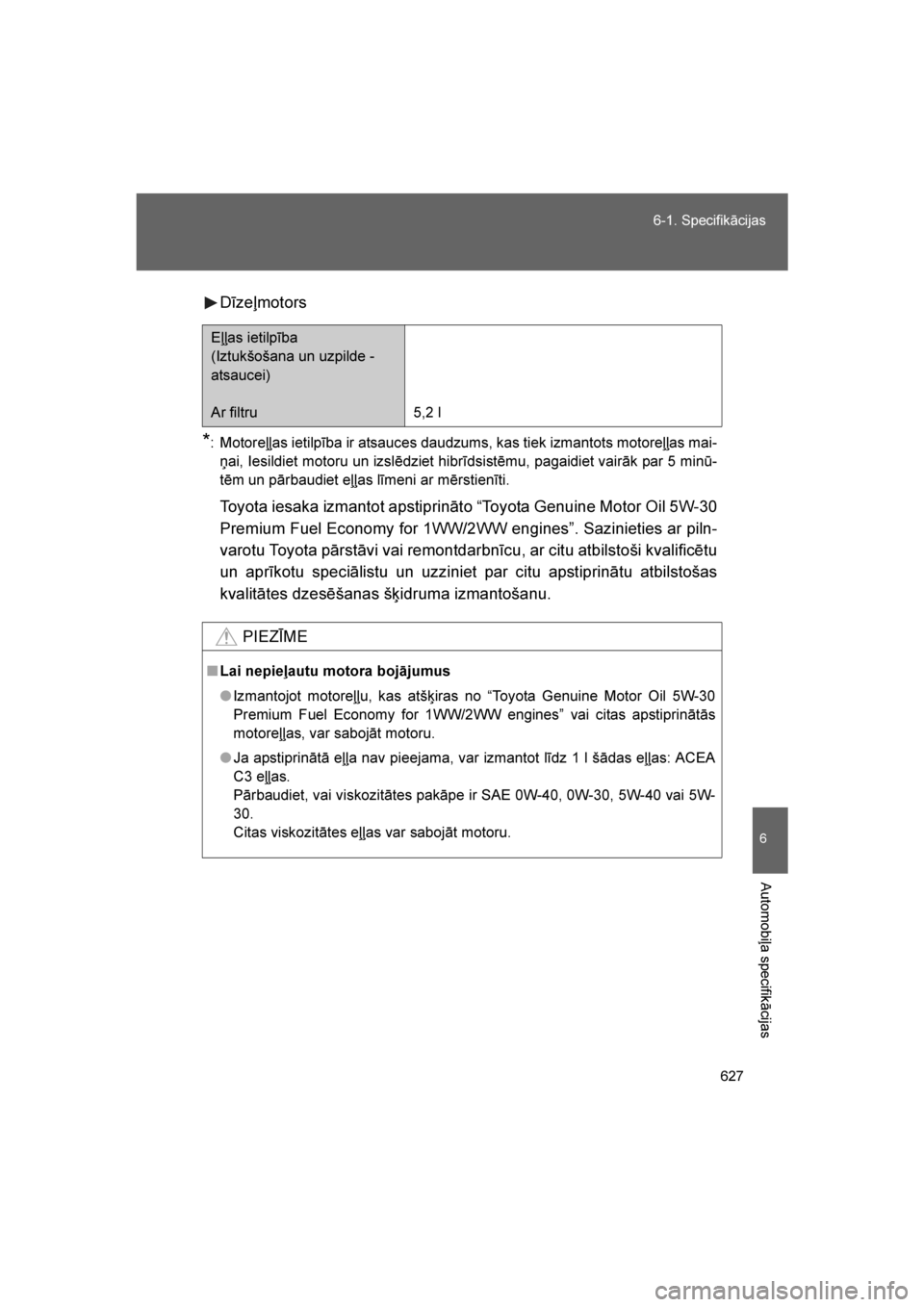 TOYOTA VERSO 2016  Lietošanas Instrukcija (in Latvian) 
627
6-1. Specifikācijas
6
Automobiļa specifikācijas
VERSO_LV_OM64590
Dīzeļmotors
*: Motoreļļas ietilpība ir atsauces daudzums, kas tiek izmantots motoreļļas mai-
ņai, Iesildiet motoru un i