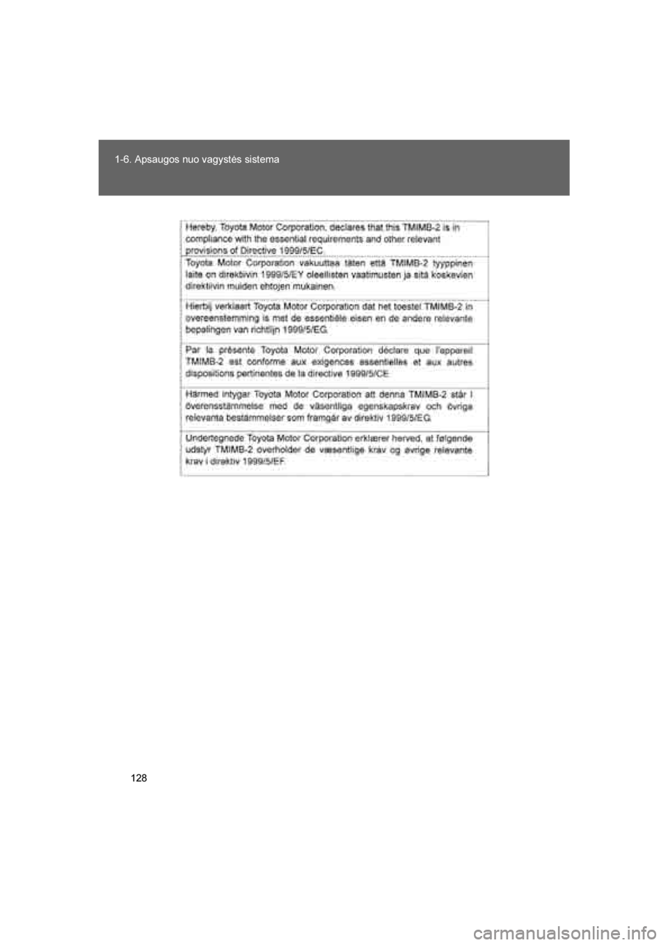 TOYOTA VERSO 2016  Eksploatavimo vadovas (in Lithuanian) 
128
1-6. Apsaugos nuo vagystės sistema
VERSO_LT_OM64590
VERSO_OM_Europe_OM64590LT.book  Page 1
28  Sunday, April 3, 2016  9:27 AM 