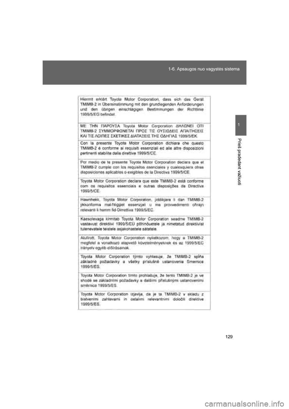 TOYOTA VERSO 2016  Eksploatavimo vadovas (in Lithuanian) 
129
1-6. Apsaugos nuo vagystės sistema
1
Prieš pradedant važiuoti
VERSO_LT_OM64590
VERSO_OM_Europe_OM64590LT.book  Page 1
29  Sunday, April 3, 2016  9:27 AM 