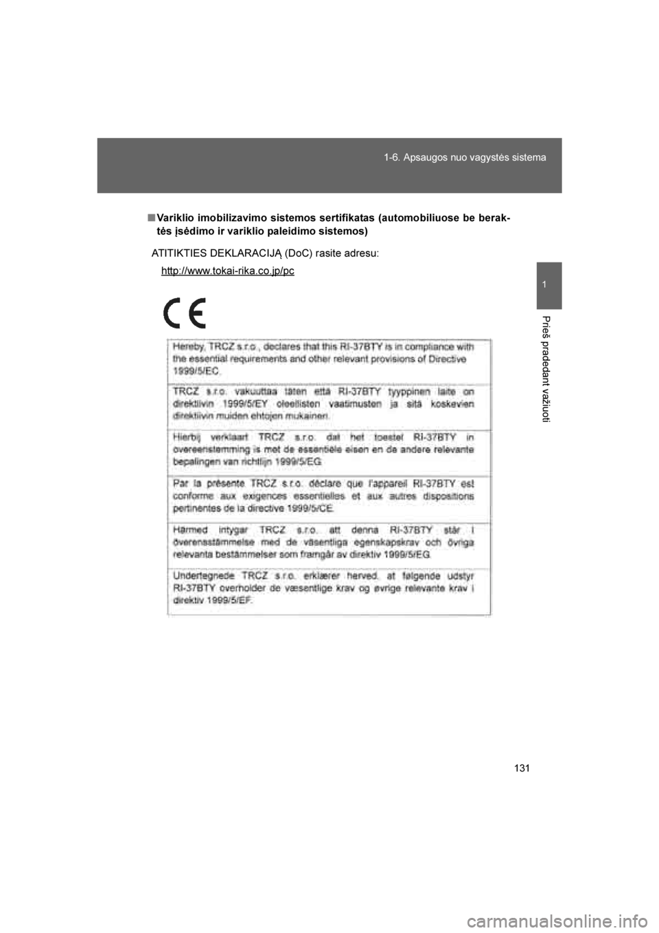 TOYOTA VERSO 2016  Eksploatavimo vadovas (in Lithuanian) 
131
1-6. Apsaugos nuo vagystės sistema
1
Prieš pradedant važiuoti
VERSO_LT_OM64590
■
Variklio imobilizavimo sistemos sertifikatas (automobiliuose be berak-
tės įsėdimo ir variklio paleidimo s