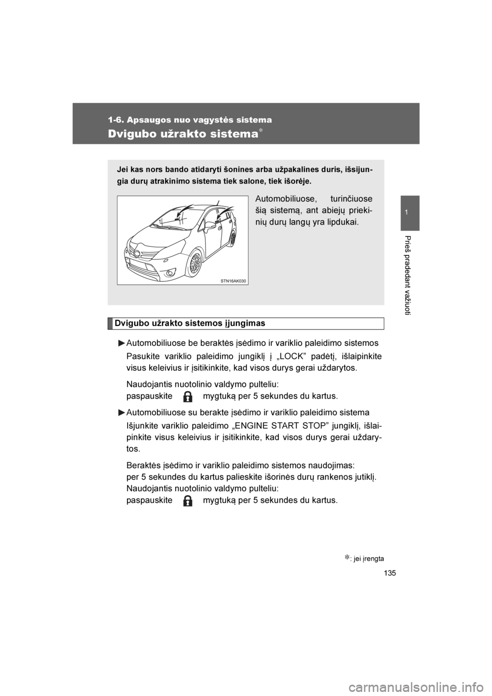 TOYOTA VERSO 2016 Eksploatavimo vadovas (in Lithuanian)
135
1
1-6. Apsaugos nuo vagystės sistema
Prieš pradedant važiuoti
VERSO_LT_OM64590
Dvigubo užrakto sistema∗
Dvigubo užrakto sistemos įjungimasAutomobiliuose be beraktės įsėdimo ir variklio TOYOTA VERSO 2016 Eksploatavimo vadovas (in Lithuanian)
135
1
1-6. Apsaugos nuo vagystės sistema
Prieš pradedant važiuoti
VERSO_LT_OM64590
Dvigubo užrakto sistema∗
Dvigubo užrakto sistemos įjungimasAutomobiliuose be beraktės įsėdimo ir variklio