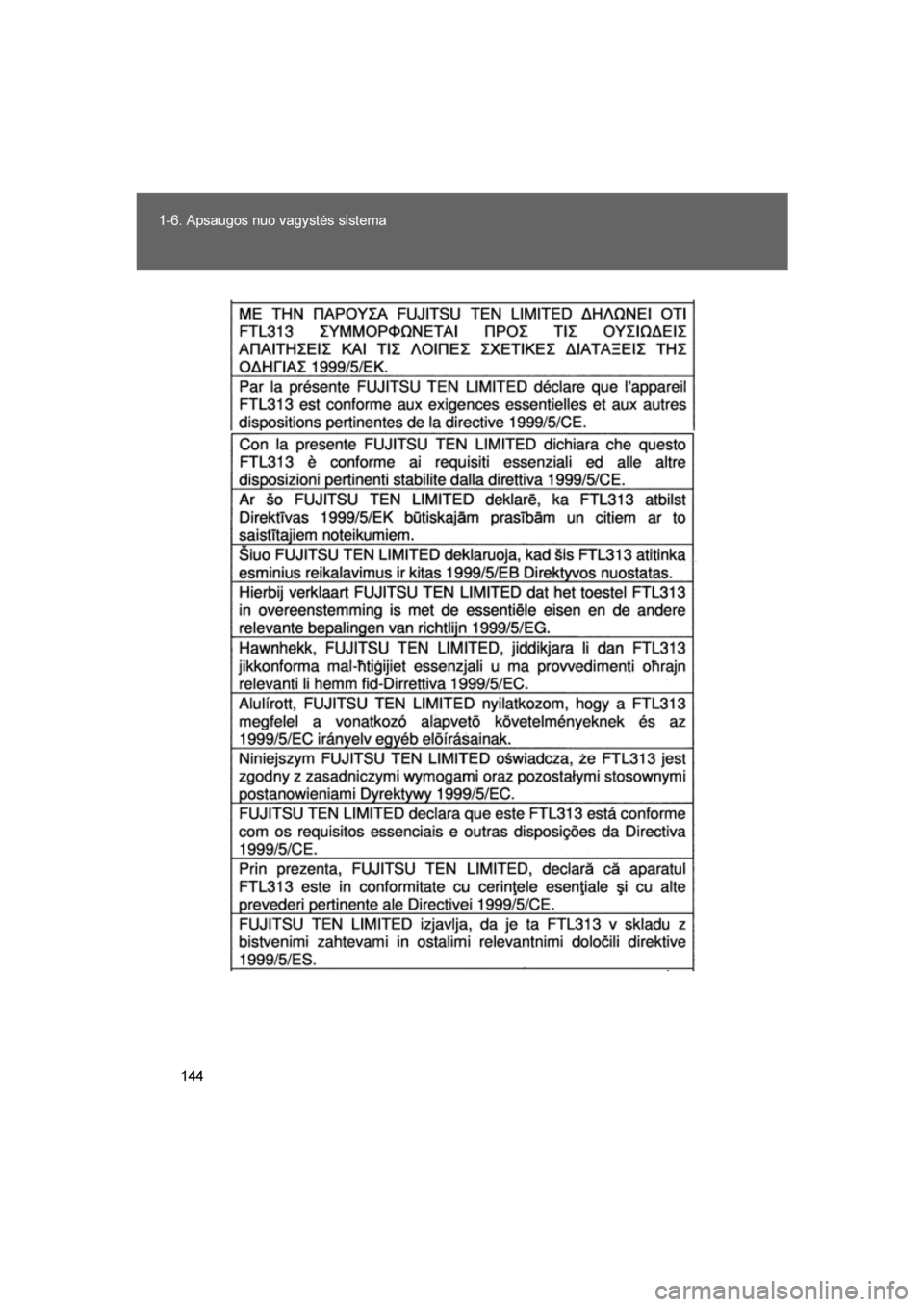 TOYOTA VERSO 2016 Eksploatavimo vadovas (in Lithuanian)
144
1-6. Apsaugos nuo vagystės sistema
VERSO_LT_OM64590
VERSO_OM_Europe_OM64590LT.book Page 1
44 Sunday, April 3, 2016 9:27 AM TOYOTA VERSO 2016 Eksploatavimo vadovas (in Lithuanian)
144
1-6. Apsaugos nuo vagystės sistema
VERSO_LT_OM64590
VERSO_OM_Europe_OM64590LT.book Page 1
44 Sunday, April 3, 2016 9:27 AM