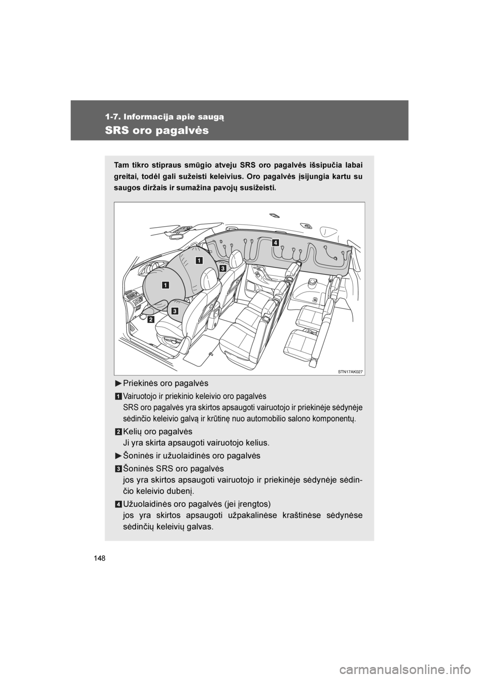 TOYOTA VERSO 2016 Eksploatavimo vadovas (in Lithuanian)
148
1-7. Informacija apie saugą
VERSO_LT_OM64590
SRS oro pagalvės
Tam tikro stipraus smūgio atveju SRS oro pagalvės išsipu\bia labai
greitai, todėl gali sužeisti keleivius. Oro pagalvės įsij TOYOTA VERSO 2016 Eksploatavimo vadovas (in Lithuanian)
148
1-7. Informacija apie saugą
VERSO_LT_OM64590
SRS oro pagalvės
Tam tikro stipraus smūgio atveju SRS oro pagalvės išsipu\bia labai
greitai, todėl gali sužeisti keleivius. Oro pagalvės įsij