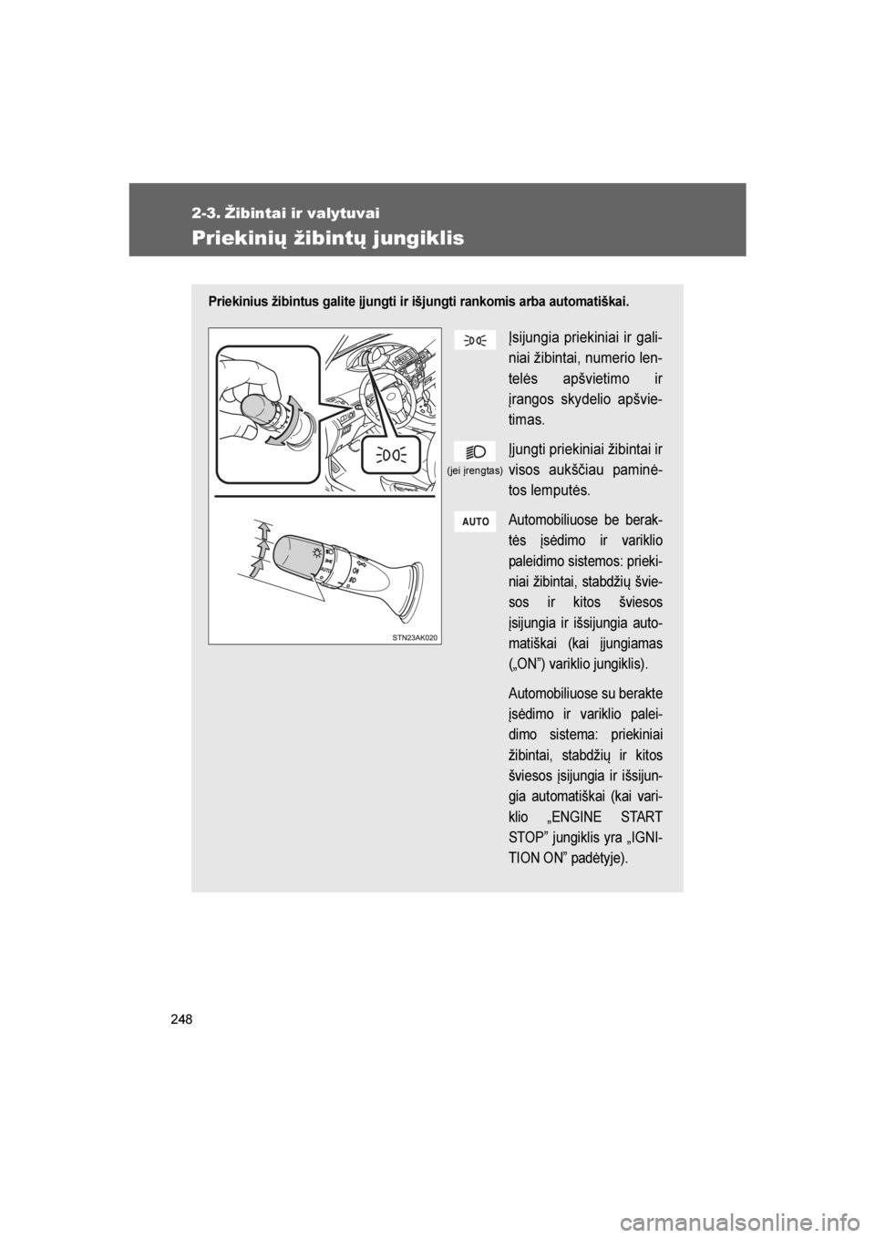 TOYOTA VERSO 2016 Eksploatavimo vadovas (in Lithuanian)
248
VERSO_LT_OM64590
2-3. Žibintai ir valytuvai
Priekinių žibintų jungiklis
Priekinius žibintus galite įjungti ir išjungti rankomis arba automatiškai.
Įsijungia priekiniai ir gali-
niai žib TOYOTA VERSO 2016 Eksploatavimo vadovas (in Lithuanian)
248
VERSO_LT_OM64590
2-3. Žibintai ir valytuvai
Priekinių žibintų jungiklis
Priekinius žibintus galite įjungti ir išjungti rankomis arba automatiškai.
Įsijungia priekiniai ir gali-
niai žib