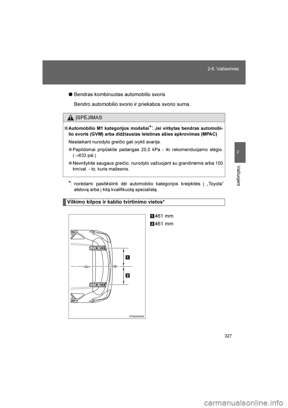 TOYOTA VERSO 2016 Eksploatavimo vadovas (in Lithuanian)
327
2-6. Važiavimas
2
Važiuojant
VERSO_LT_OM64590
●
Bendras kombinuotas automobilio svoris
Bendro automobilio svorio ir priekabos svorio suma.
*: norėdami pasitikslinti dėl automobilio kategori TOYOTA VERSO 2016 Eksploatavimo vadovas (in Lithuanian)
327
2-6. Važiavimas
2
Važiuojant
VERSO_LT_OM64590
●
Bendras kombinuotas automobilio svoris
Bendro automobilio svorio ir priekabos svorio suma.
*: norėdami pasitikslinti dėl automobilio kategori