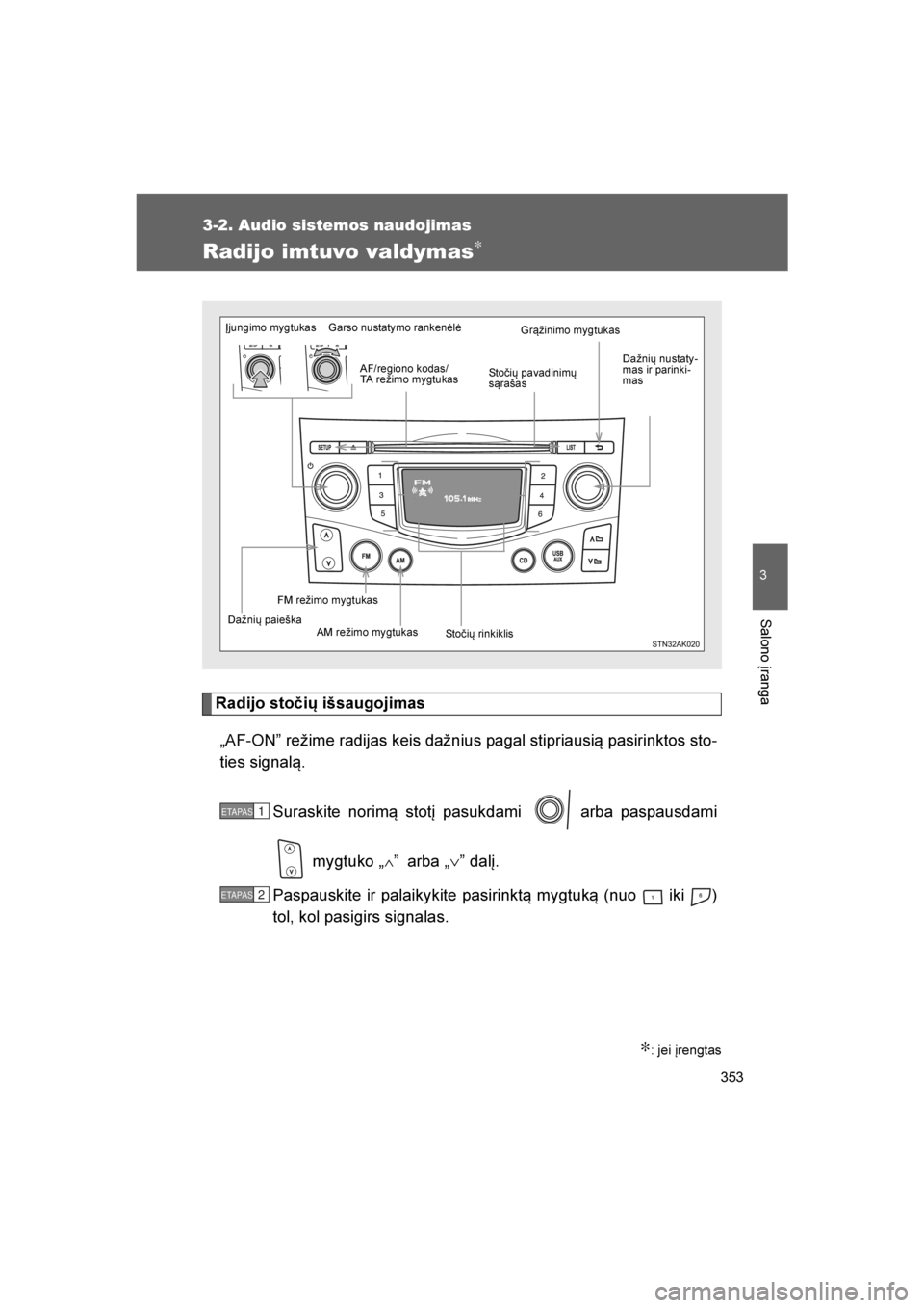 TOYOTA VERSO 2016  Eksploatavimo vadovas (in Lithuanian) 
353
3-2. Audio sistemos naudojimas
3
Salono įranga
VERSO_LT_OM64590
Radijo imtuvo valdymas∗
Radijo stočių išsaugojimas„AF-ON” režime radijas keis dažnius pagal stipriausią pasirinktos st