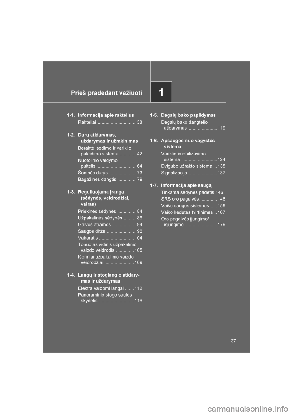 TOYOTA VERSO 2016 Eksploatavimo vadovas (in Lithuanian)
1Prieš pradedant važiuoti
37
VERSO_LT_OM64590
1-1. Informacija apie rakteliusRakteliai ............................... 38
1-2. Durų atidarymas, uždarymas ir užrakinimas
Beraktė įsėdimo ir v TOYOTA VERSO 2016 Eksploatavimo vadovas (in Lithuanian)
1Prieš pradedant važiuoti
37
VERSO_LT_OM64590
1-1. Informacija apie rakteliusRakteliai ............................... 38
1-2. Durų atidarymas, uždarymas ir užrakinimas
Beraktė įsėdimo ir v