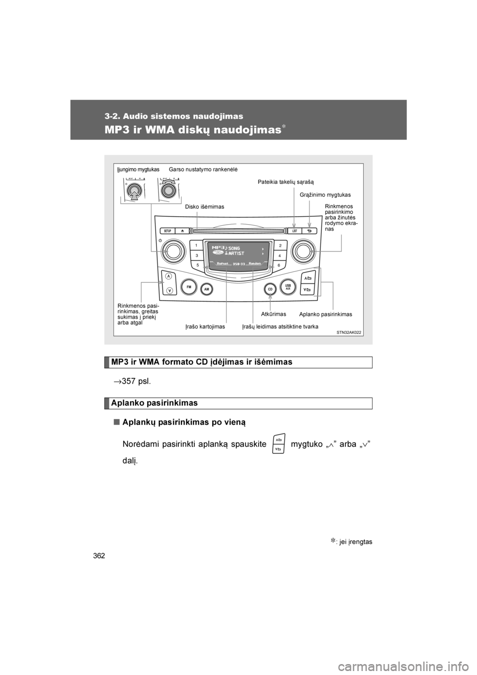 TOYOTA VERSO 2016  Eksploatavimo vadovas (in Lithuanian) 
362
3-2. Audio sistemos naudojimas
VERSO_LT_OM64590
MP3 ir WMA diskų naudojimas∗
MP3 ir WMA formato CD įdėjimas ir išėmimas→ 357 psl.
Aplanko pasirinkimas
■ Aplankų pasirinkimas po vieną