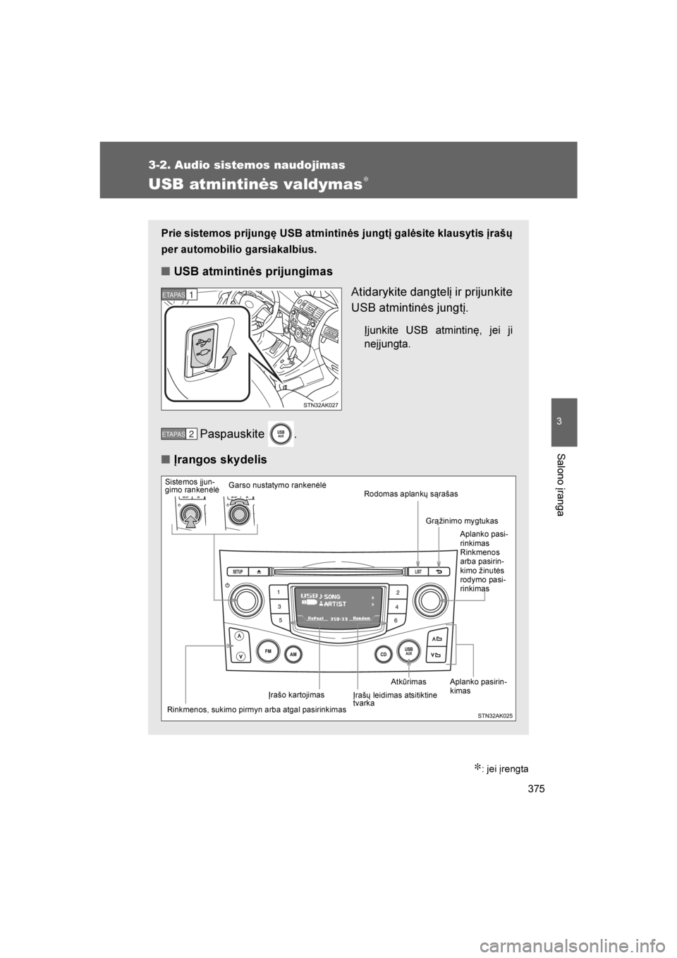 TOYOTA VERSO 2016 Eksploatavimo vadovas (in Lithuanian)
375
3-2. Audio sistemos naudojimas
3
Salono įranga
VERSO_LT_OM64590
USB atmintinės valdymas∗
∗: jei įrengta
Prie sistemos prijungę USB atmintinės jungtį galėsite klausytis įrašų
per aut TOYOTA VERSO 2016 Eksploatavimo vadovas (in Lithuanian)
375
3-2. Audio sistemos naudojimas
3
Salono įranga
VERSO_LT_OM64590
USB atmintinės valdymas∗
∗: jei įrengta
Prie sistemos prijungę USB atmintinės jungtį galėsite klausytis įrašų
per aut