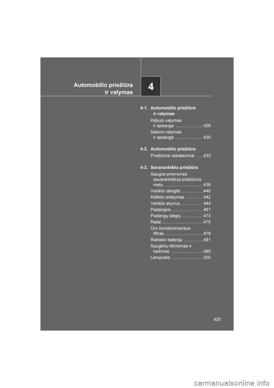 TOYOTA VERSO 2016  Eksploatavimo vadovas (in Lithuanian) 
4Automobilio priežiūrair valymas
425
VERSO_LT_OM64590
4-1. Automobilio priežiūra 
ir valymas
Kėbulo valymas  ir apsauga  ....................... 426
Salono valymas ir apsauga  ..................