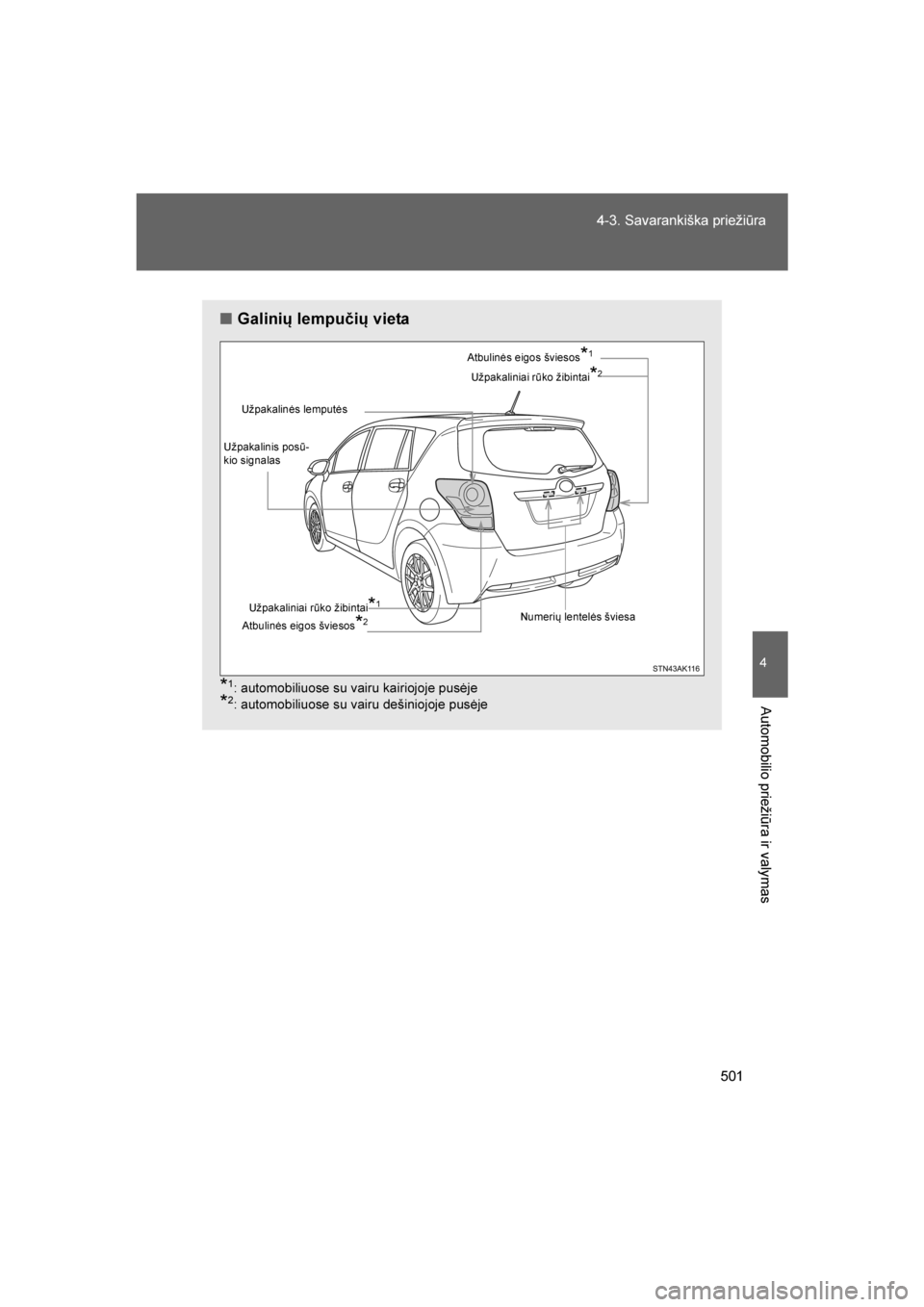 TOYOTA VERSO 2016  Eksploatavimo vadovas (in Lithuanian) 
501
4-3. Savarankiška priežiūra
4
Automobilio priežiūra ir valymas
VERSO_LT_OM64590
■
Galinių lempučių vieta
*1: automobiliuose su vairu kairiojoje pusėje
*2: automobiliuose su vairu deši