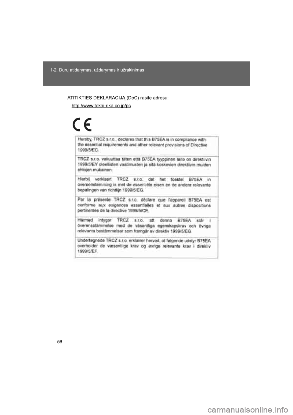 TOYOTA VERSO 2016  Eksploatavimo vadovas (in Lithuanian) 
56
1-2. Durų atidarymas, uždarymas ir užrakinimas
VERSO_LT_OM64590
ATITIKTIES DEKLARACIJĄ (DoC) rasite adresu:
http://www.tokai-rika.co.jp/pc
VERSO_OM_Europe_OM64590LT.book  Page  56  Sunday, Apr