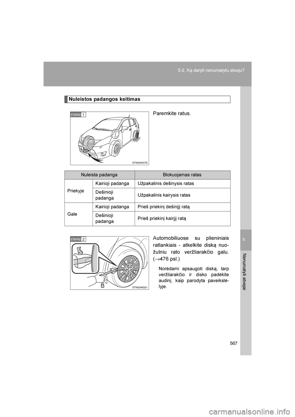 TOYOTA VERSO 2016  Eksploatavimo vadovas (in Lithuanian) 
5
567
5-2. Ką daryti nenumatytu atveju?
Nenumatyti atvejai
VERSO_LT_OM64590
Nuleistos padangos keitimas
Paremkite ratus.
Automobiliuose su plieniniais
ratlankiais - atkelkite diską nuo-
žulniu rat