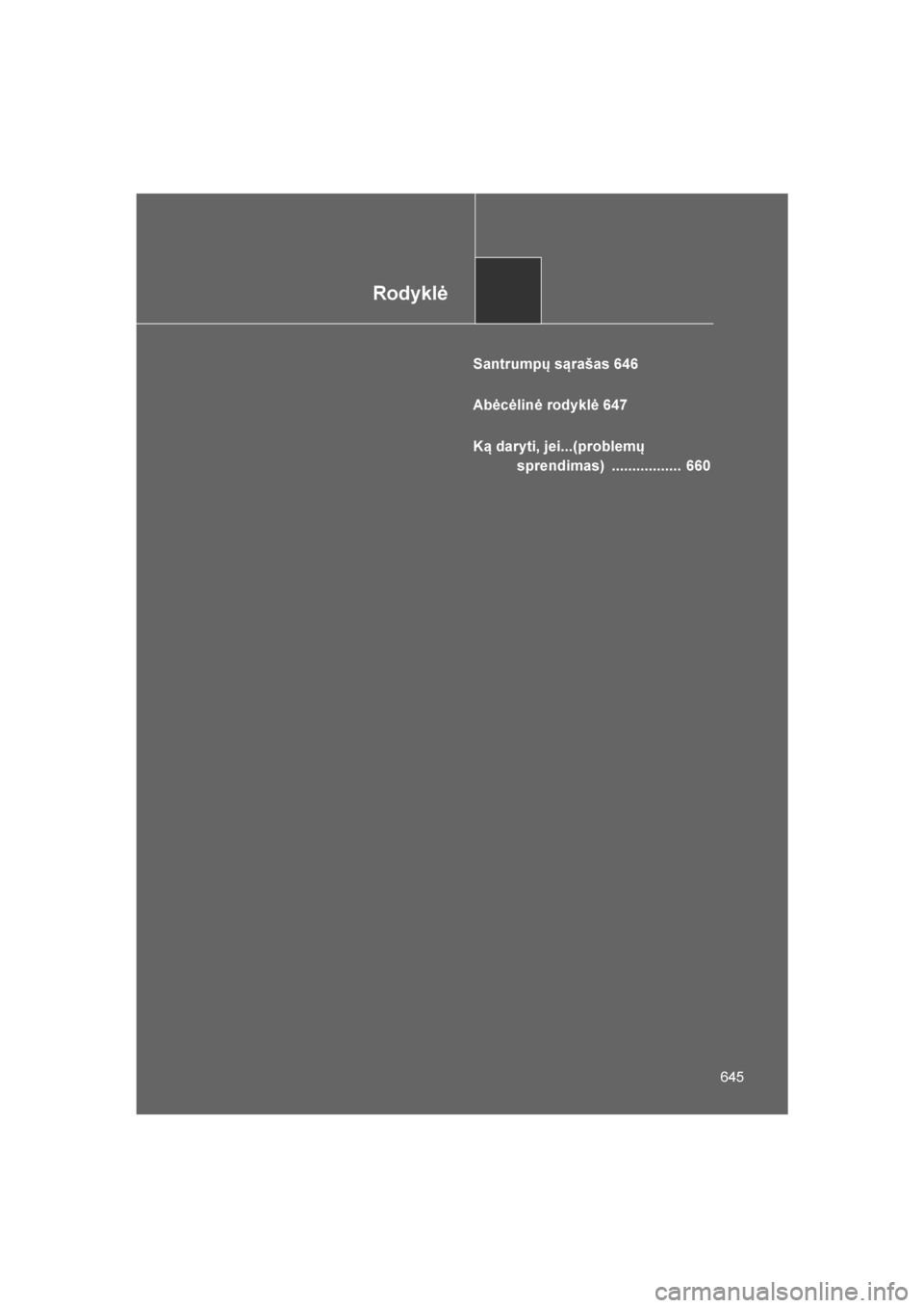TOYOTA VERSO 2016 Eksploatavimo vadovas (in Lithuanian)
Rodyklė
645
VERSO_LT_OM64590
Santrumpų sąrašas 646
Abėcėlinė rodyklė 647
Ką daryti, jei...(problemų sprendimas) ................. 660
VERSO_OM_Europe_OM64590LT.book Page 6 45 Sunday, Apr TOYOTA VERSO 2016 Eksploatavimo vadovas (in Lithuanian)
Rodyklė
645
VERSO_LT_OM64590
Santrumpų sąrašas 646
Abėcėlinė rodyklė 647
Ką daryti, jei...(problemų sprendimas) ................. 660
VERSO_OM_Europe_OM64590LT.book Page 6 45 Sunday, Apr