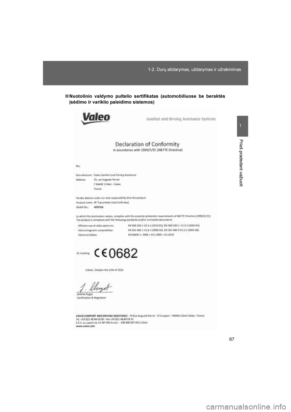 TOYOTA VERSO 2016 Eksploatavimo vadovas (in Lithuanian)
67
1-2. Durų atidarymas, uždarymas ir užrakinimas
1
Prieš pradedant važiuoti
VERSO_LT_OM64590
■
Nuotolinio valdymo pultelio sertifikatas (automobiliuose be beraktės
įsėdimo ir variklio pale TOYOTA VERSO 2016 Eksploatavimo vadovas (in Lithuanian)
67
1-2. Durų atidarymas, uždarymas ir užrakinimas
1
Prieš pradedant važiuoti
VERSO_LT_OM64590
■
Nuotolinio valdymo pultelio sertifikatas (automobiliuose be beraktės
įsėdimo ir variklio pale