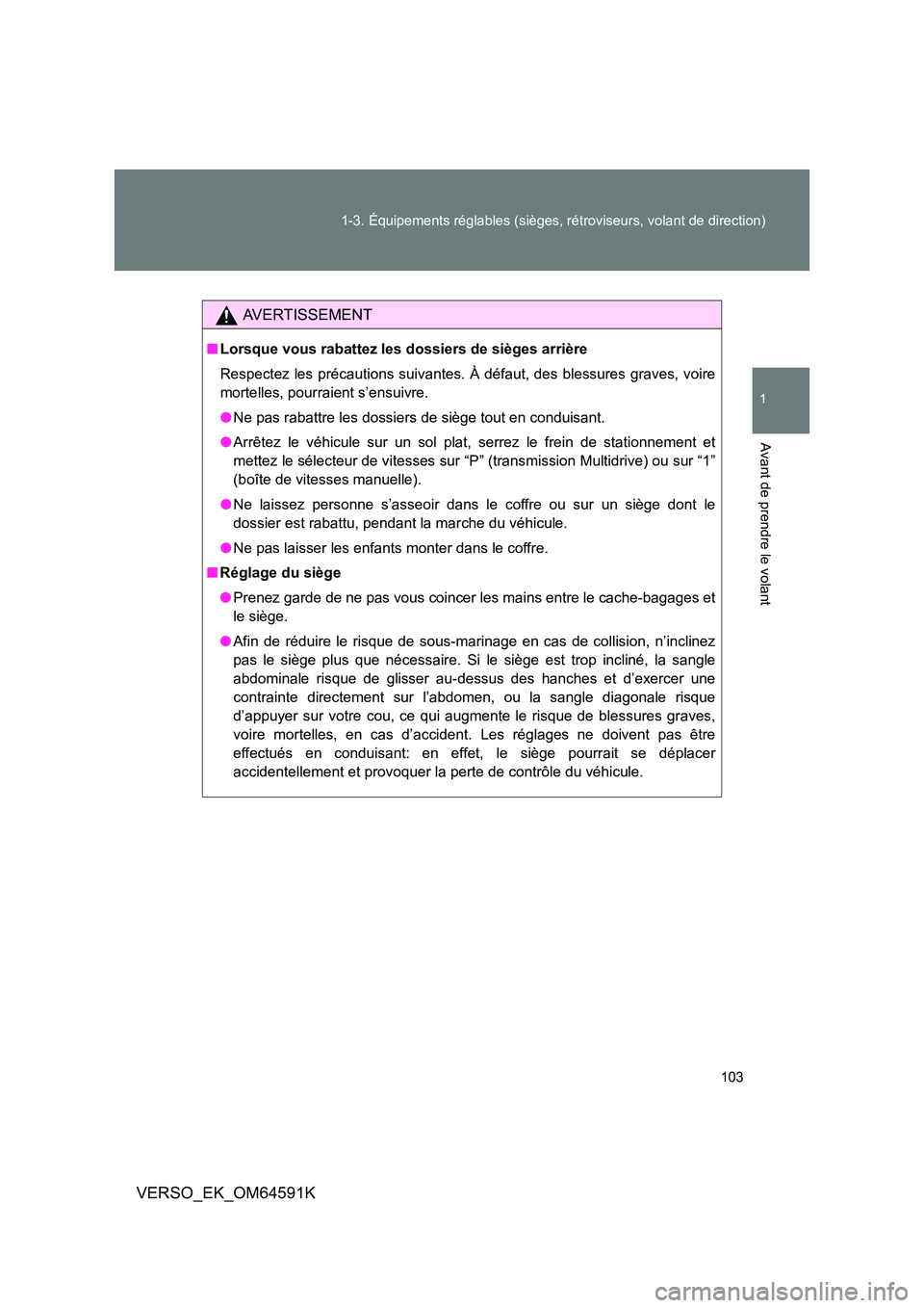 TOYOTA VERSO 2016  Notices Demploi (in French) 103 
1-3. Équipements réglables (sièges, rétroviseurs, volant de direction)
1
Avant de prendre le volant
VERSO_EK_OM64591K
AVERTISSEMENT
■ Lorsque vous rabattez les dossiers de sièges arrière 